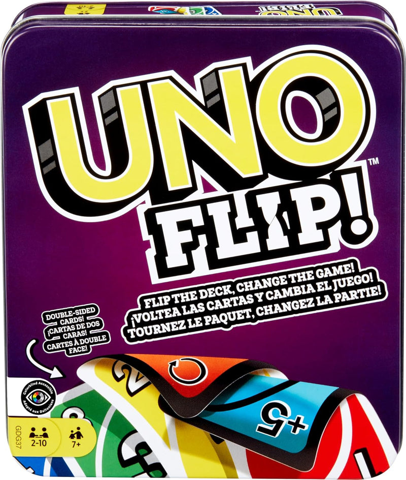 UNO FLIP! Family Card Game, with 112 Cards in a Sturdy Storage Tin, Makes a Great Gift for 7 Year Olds and Up