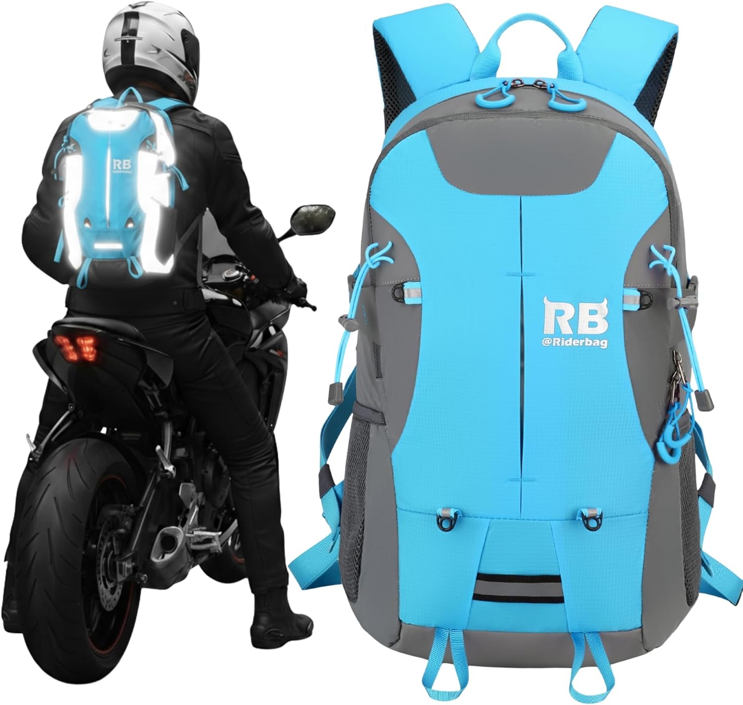 Reflective Motorcycle Backpack – Hi Viz EDC Commuter Bag for Riders, Night Travel, and Daily Use with Helmet Holder, Laptop Compartment, Ventilated Back, Urban Gear (Light Blue Backpack)