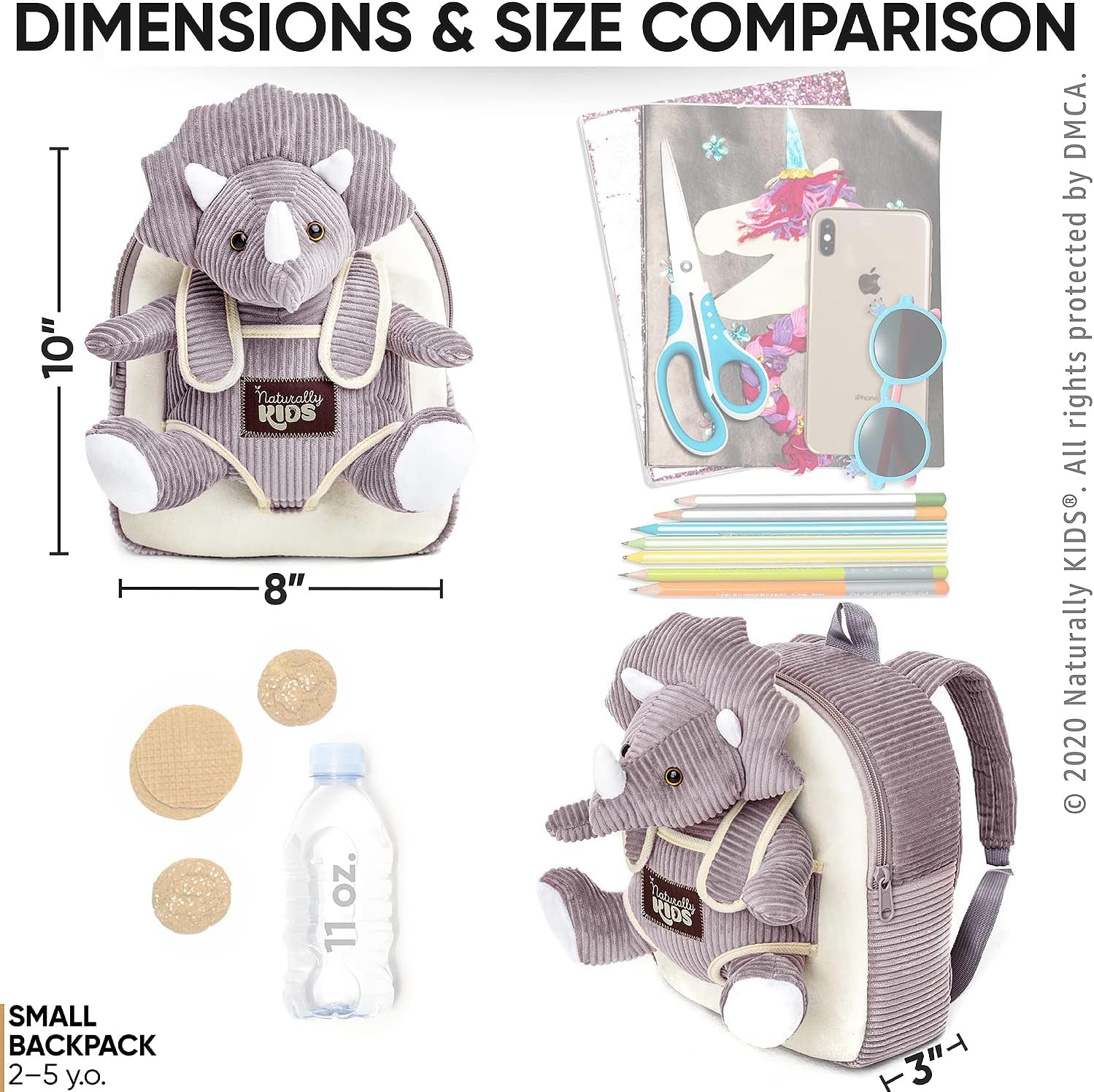 Small Dinosaur Backpack - Triceratops Dinosaur Toys for Kids 3-5 - Toddler Backpack for Boys & Girls - Grey Plush Stuffed Animal