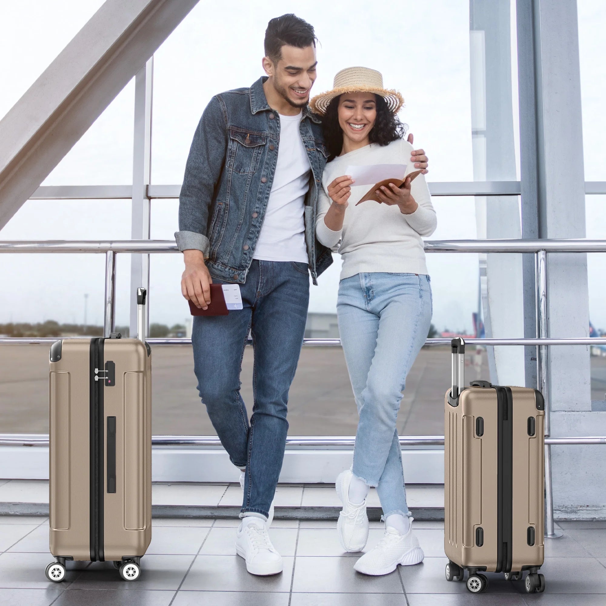 3 Piece Luggage Sets Hardshell Lightweight Suitcase with TSA Lock Spinner Wheels, Champagne