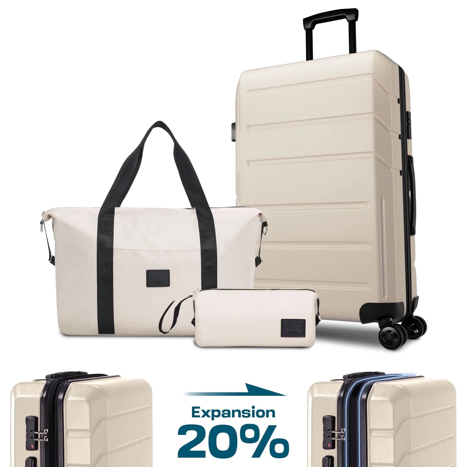 3 Piece Luggage Set Expandable ABS+PC Hardshell Carry on Suitcase with Spinner Wheels & TSA Lock for Men and Women, Rolling Carry-On Suit Case for Plane, Travel, Business, Beige(20In/Db/Tb)