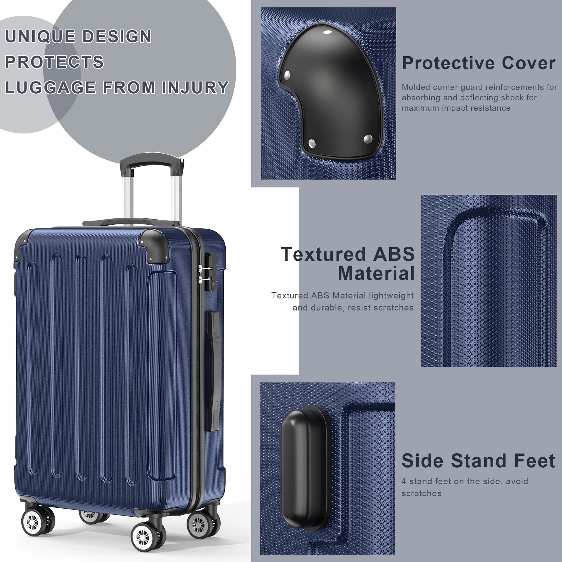 3 Piece Luggage Sets Hardshell Lightweight Suitcase with TSA Lock Spinner Wheels, Deep Blue