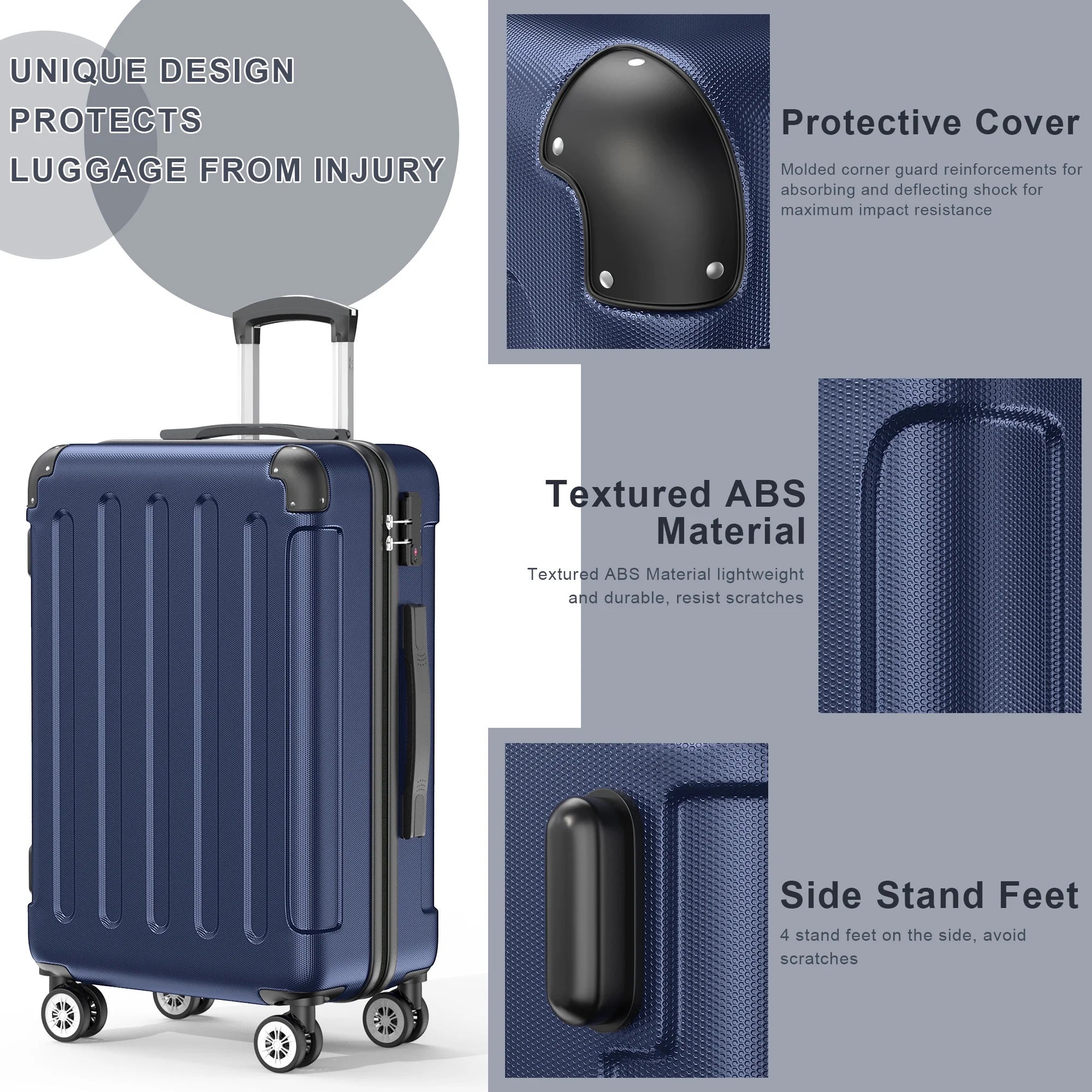 3 Piece Luggage Sets Hardshell Lightweight Suitcase with TSA Lock Spinner Wheels, Deep Blue