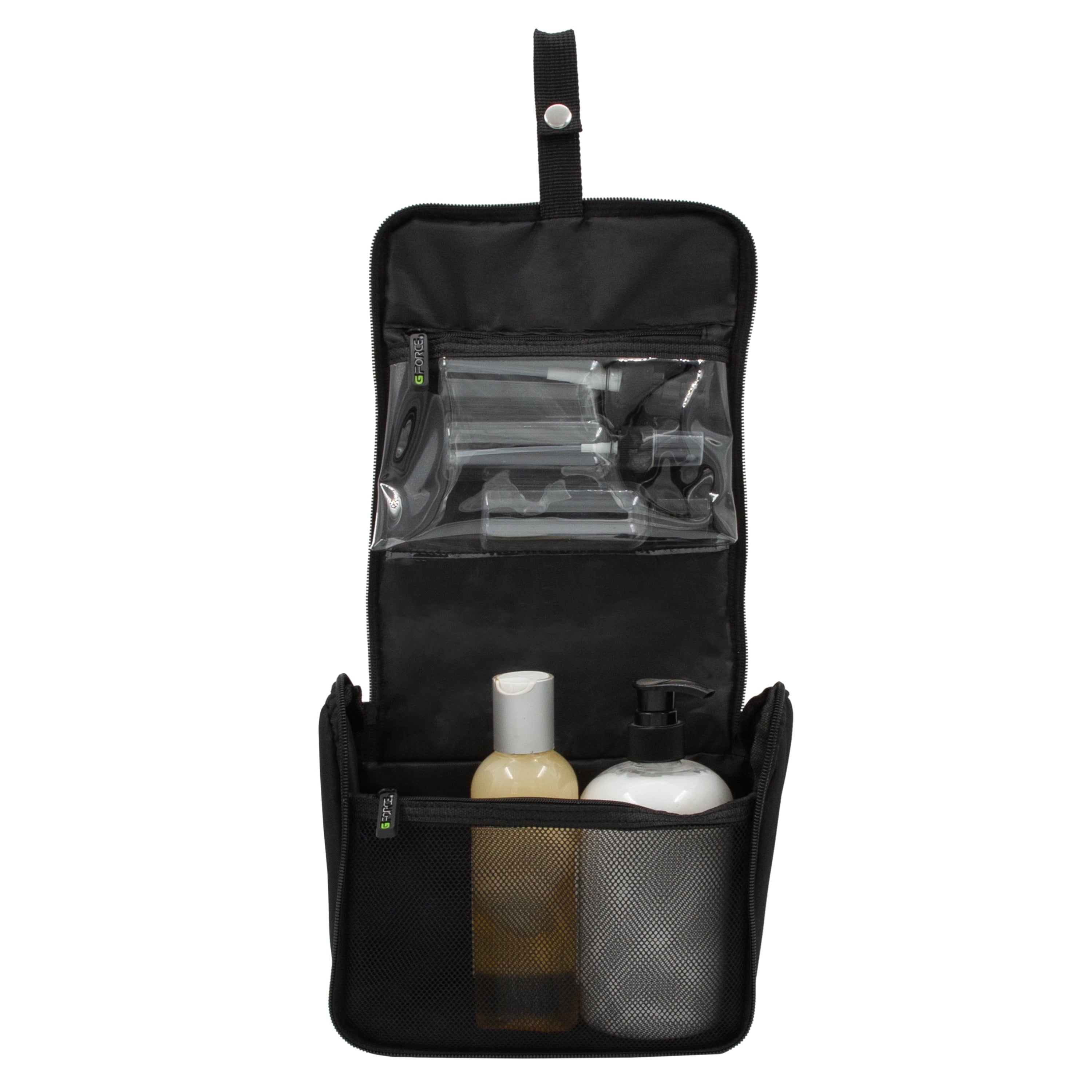 RPET Hanging Toiletry Bag Set with 3 Piece Clear Refillable Travel Bottles, Black