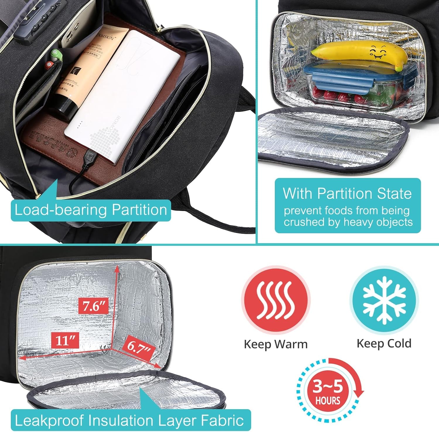 Lunch Backpack Insulated Cooler Backpack Laptop Backpack Lunch Box Bag Backpack Travel Backpack for Women Men, with Lock, Black