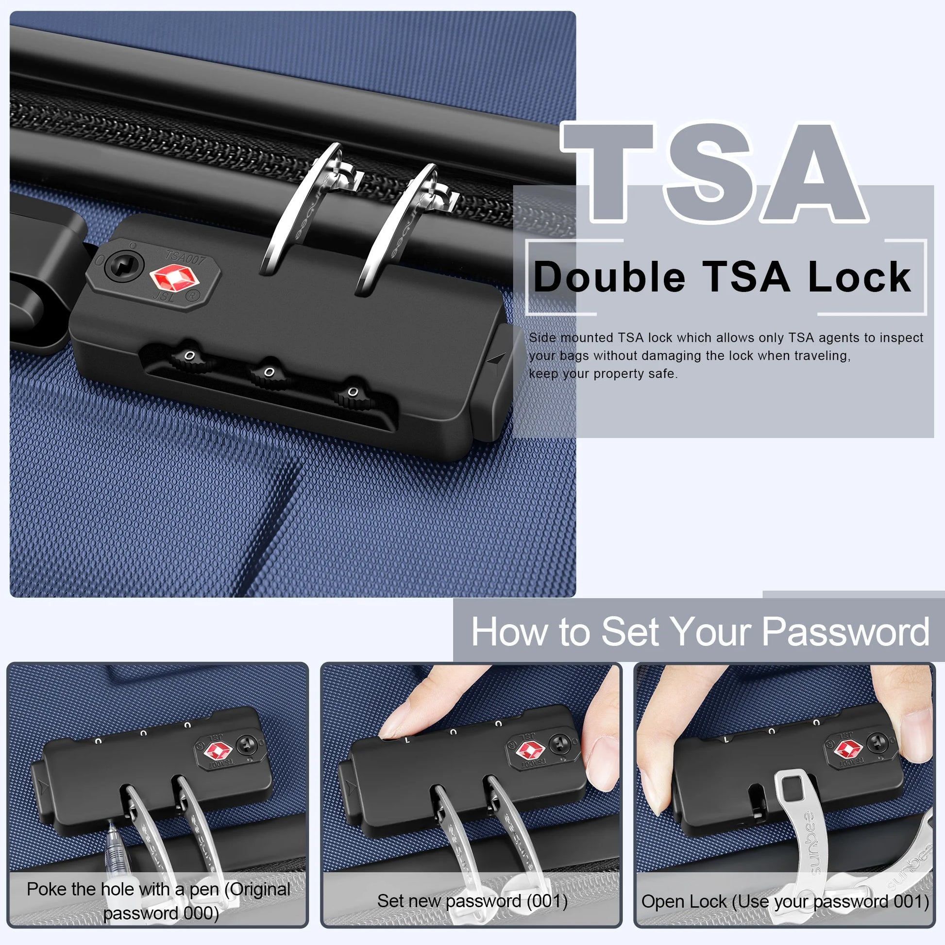 3 Piece Luggage Sets Hardshell Lightweight Suitcase with TSA Lock Spinner Wheels, Deep Blue