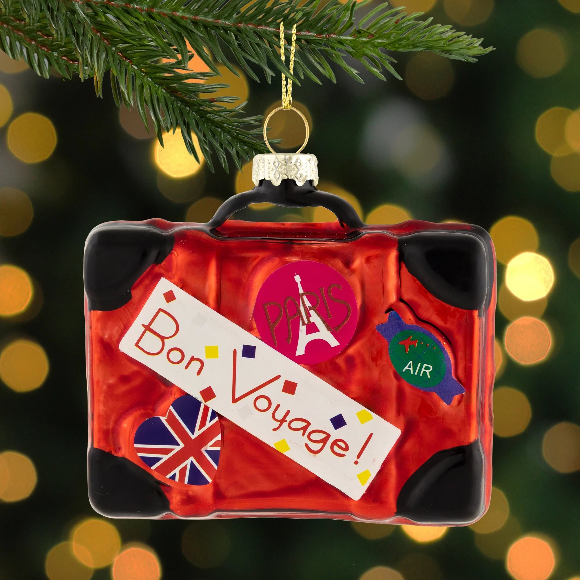 3.25" Shiny Red Bon Voyage Travel Suitcase Glass Christmas Hanging Ornament