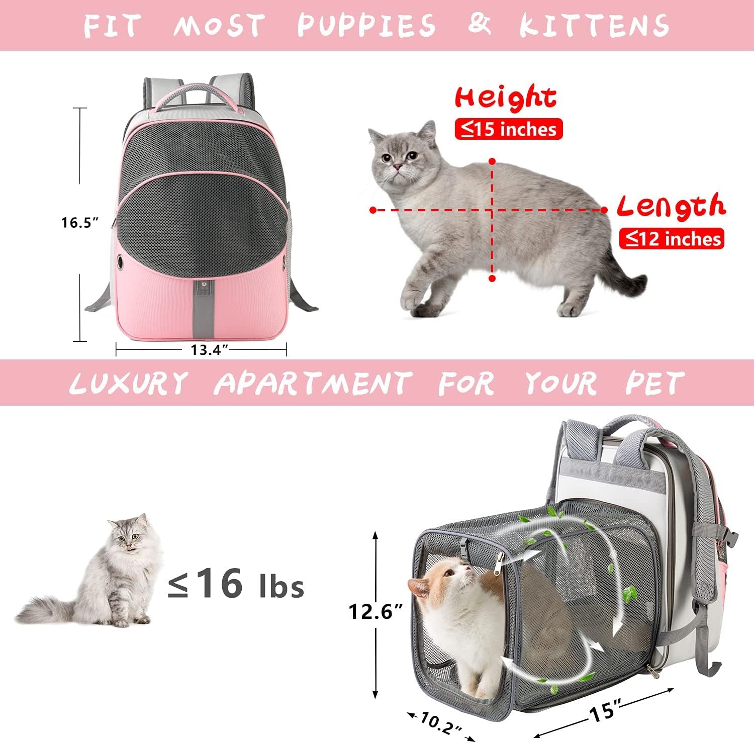 Pet Backpack Expandable - Cat Backpack Expandable - Pet Expandable Backpack Carrier for Small Dogs Backpack Carrier,Mesh Expandable Cat Backpack Carrier up to 16Lbs, Escape-Proof Zipper, Pink