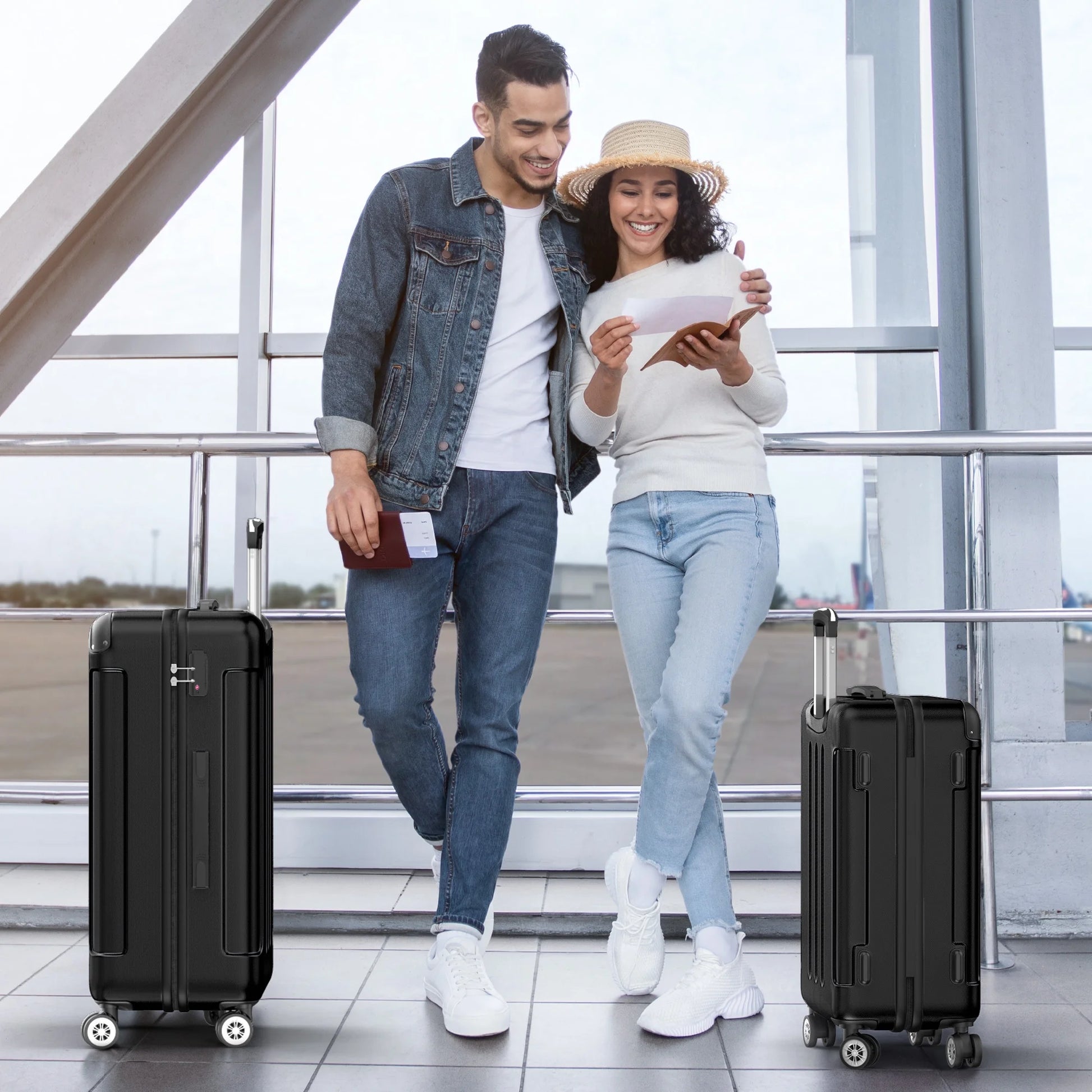 3 Piece Luggage Sets Hardshell Lightweight Suitcase with TSA Lock Spinner Wheels, Black