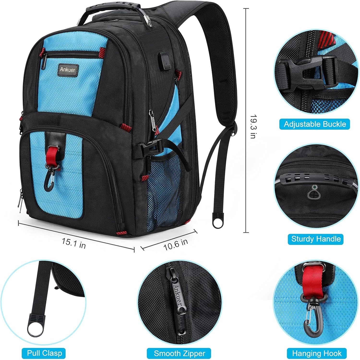 Extra Large Travel Backpack for Men Women: 17 in Laptop Backpacks for School, anti Theft TSA Travel Bag with USB Charging Port, Business Computer Bag (Blue)