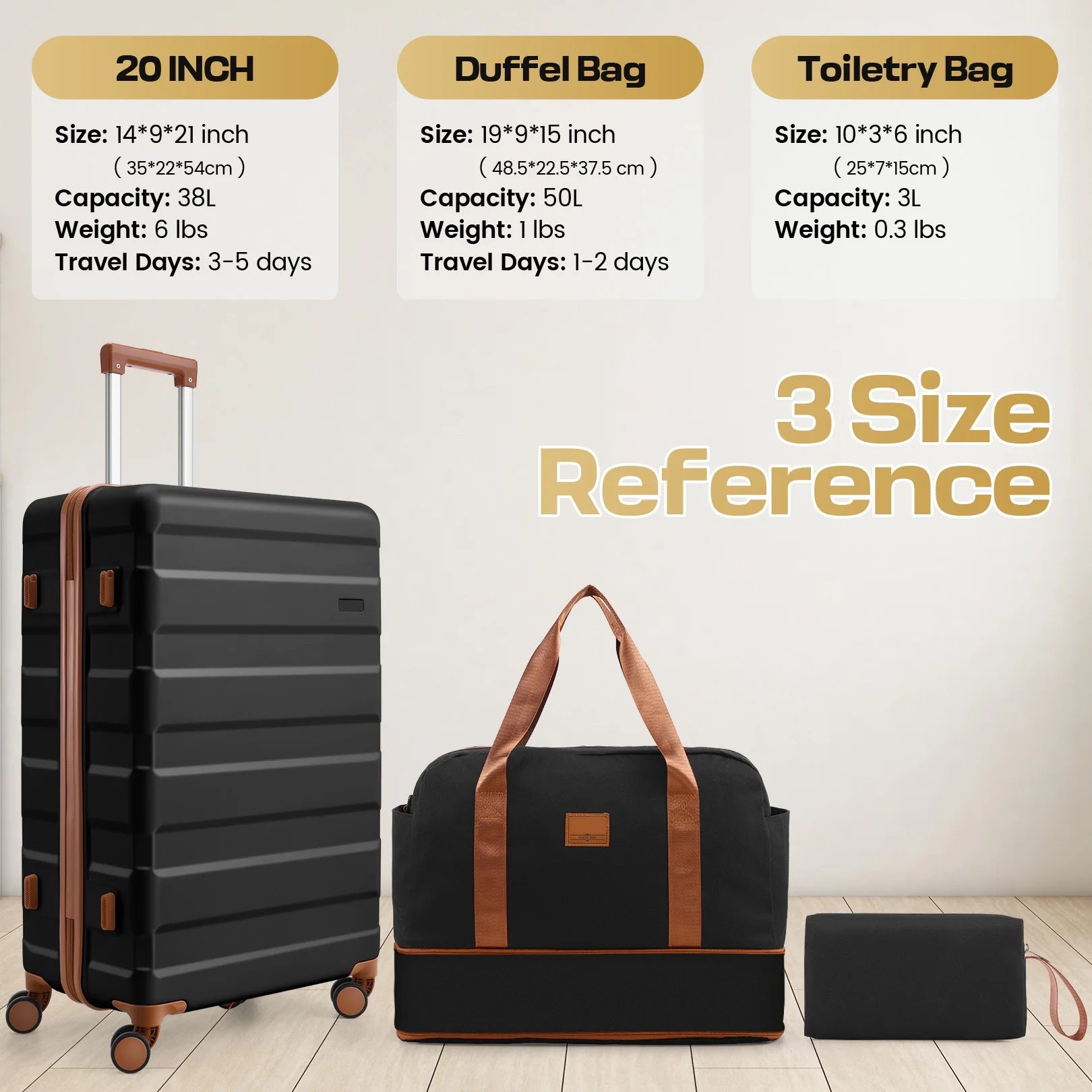 3 Piece Carry on Luggage Set, TSA Lock, Expandable Duffle Bag, Black