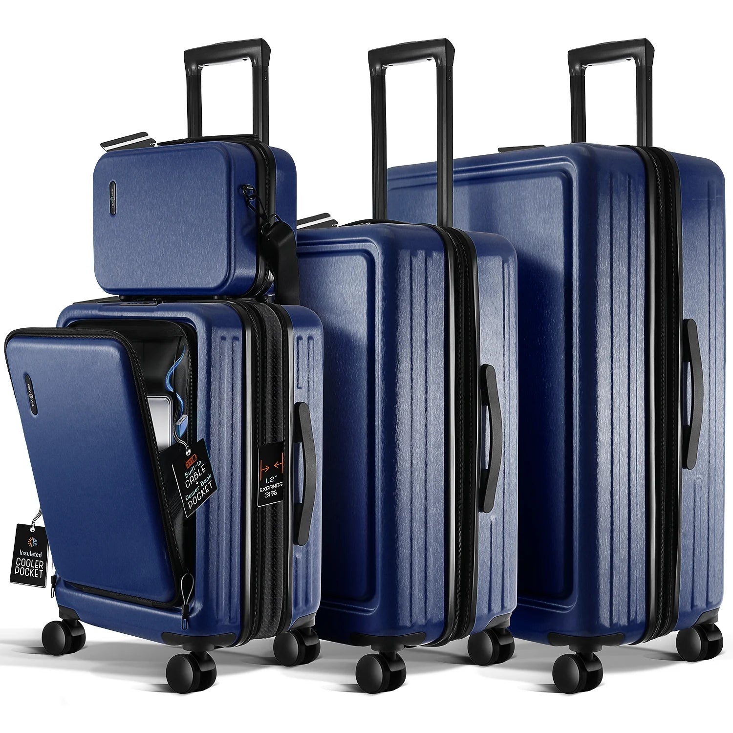 4 Piece Hardshell Exapandable Luggage Set, Spinner Luggage Suitcase Set, Navy Blue