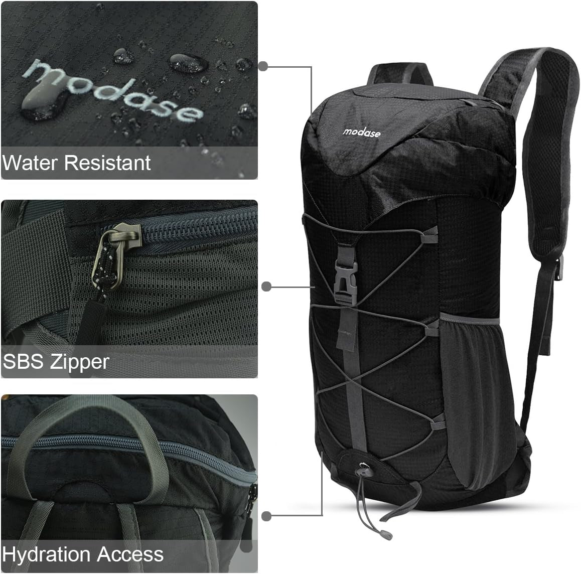 Unisex Black Hiking Daypack, 40L Water Resistant Lightweight Foldable Backpack with Hip Belt