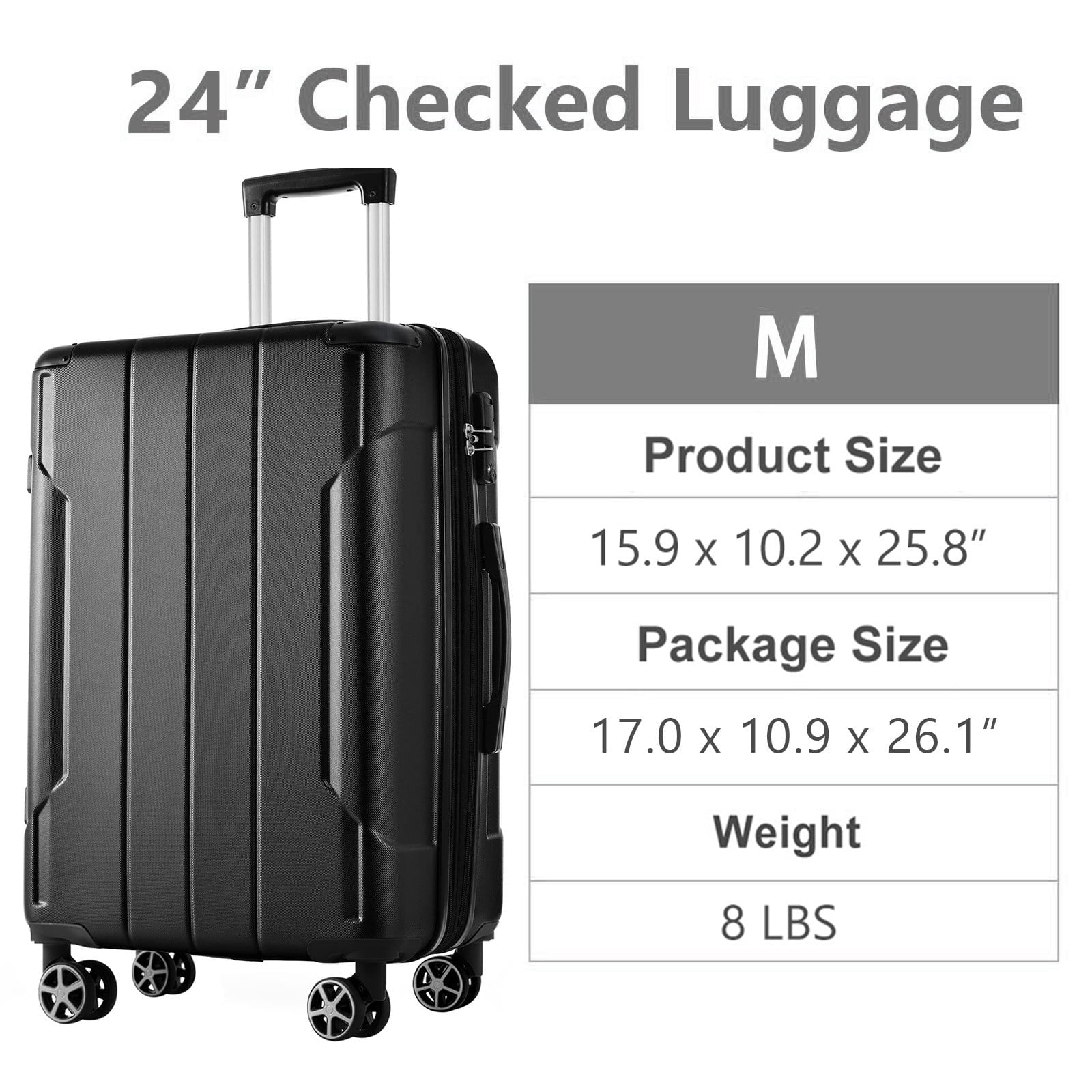 24 Inch Carry on Luggage,65L Capacity Suitcase with Wheels & TSA Lock ABS+PC Lightweight Checked Luggage for Travel Trip, Black