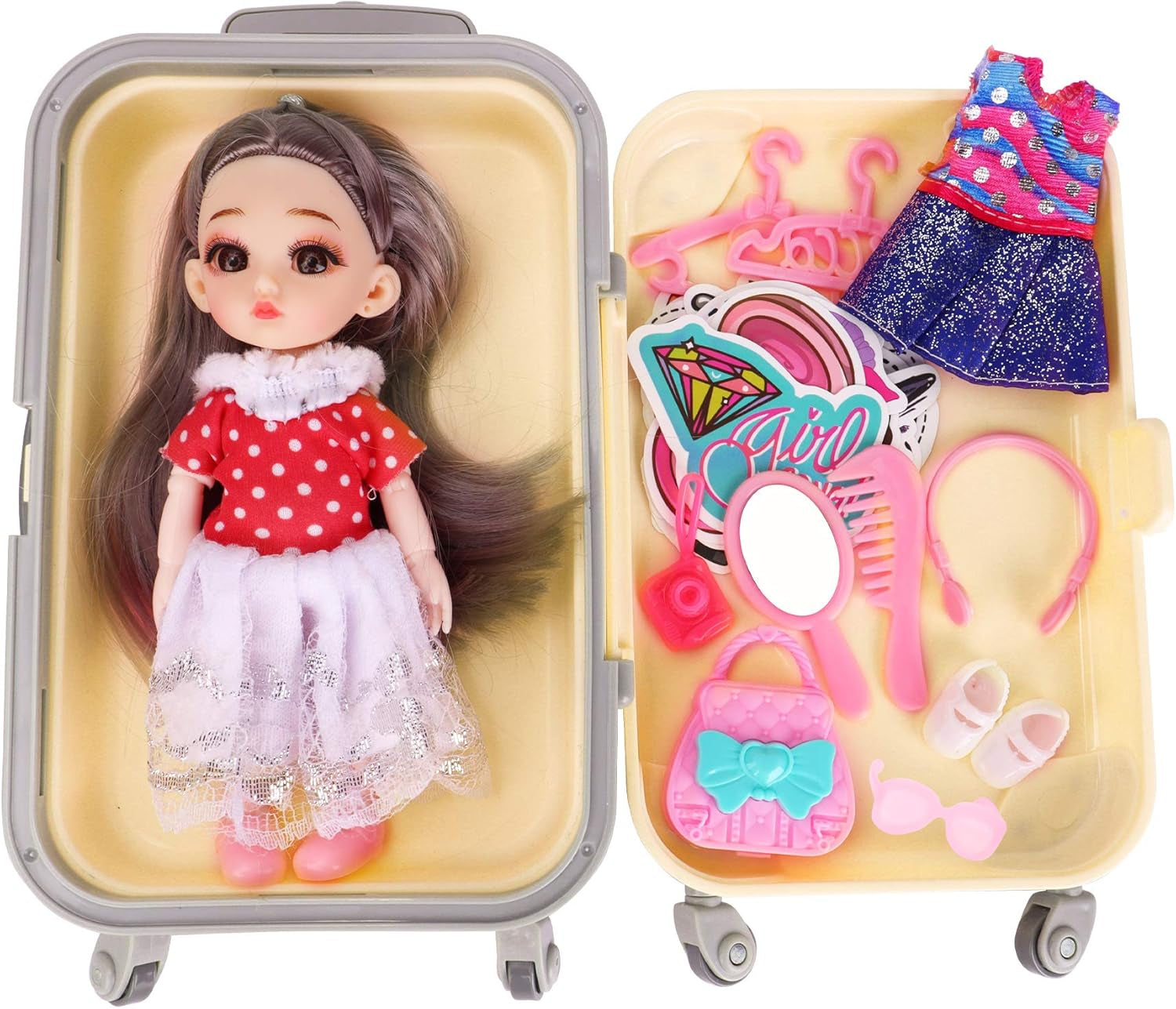 Doll Travel Suitcase, Doll Accessories Set Including Yellow Luggage for 6.3 Inch Doll with Dresses Clothes Shoes Hangers Handbag Camera Etc., Doll Travel Playset for 6.3 Inch Gril Gift Doll