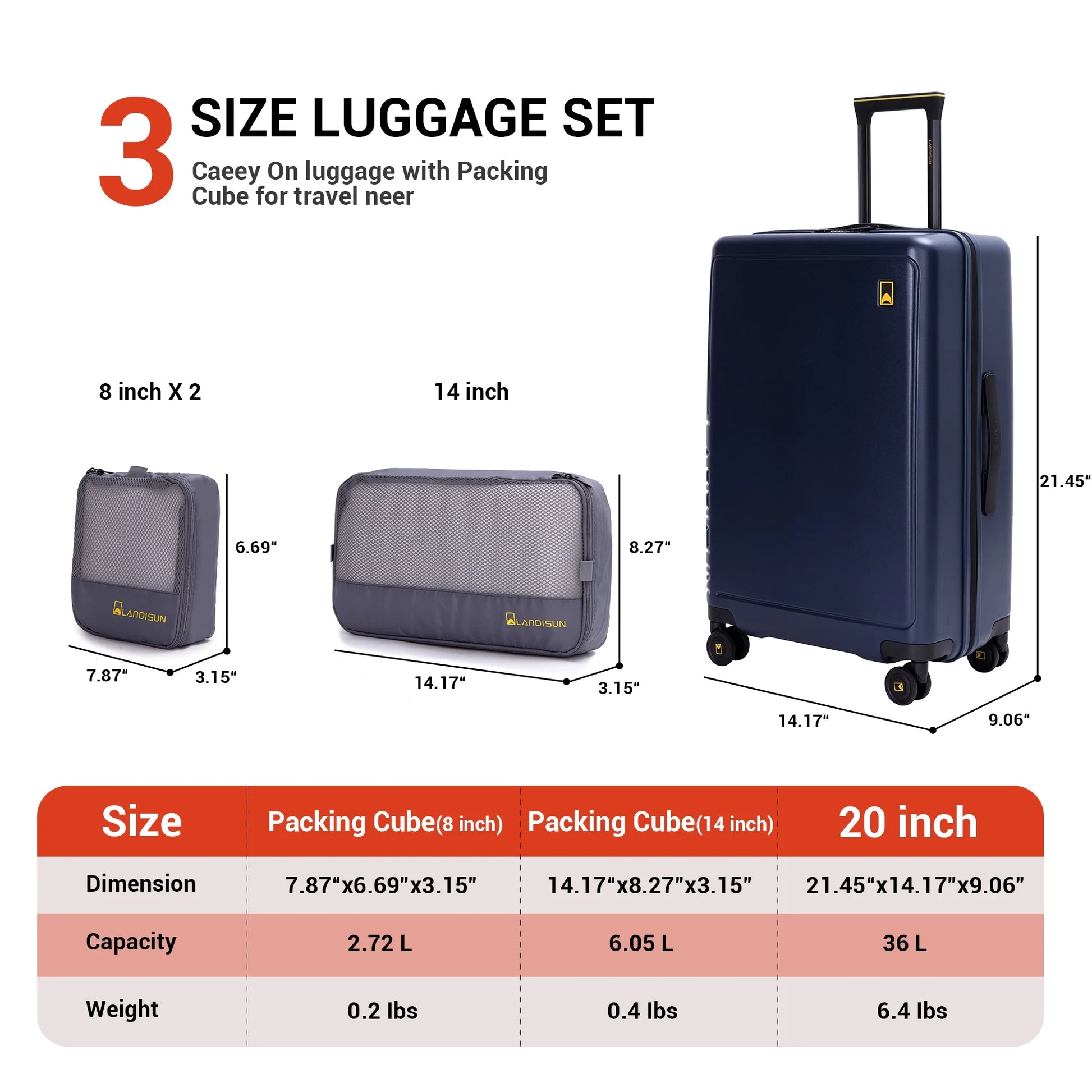 Carry on Luggage 4 Piece Luggage Set with TSA Lock Spinner Wheels, 20 Inch Carry on Luggage with 3 Packing Cubes, Blue