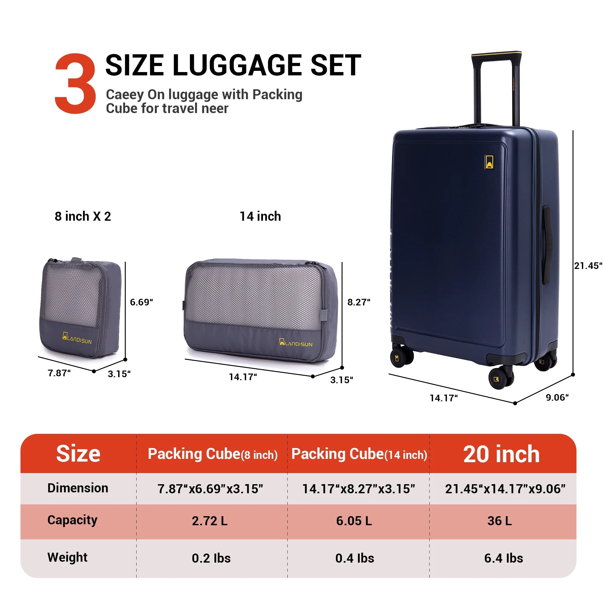 Carry on Luggage 4 Piece Luggage Set with TSA Lock Spinner Wheels, 20 Inch Carry on Luggage with 3 Packing Cubes, Blue