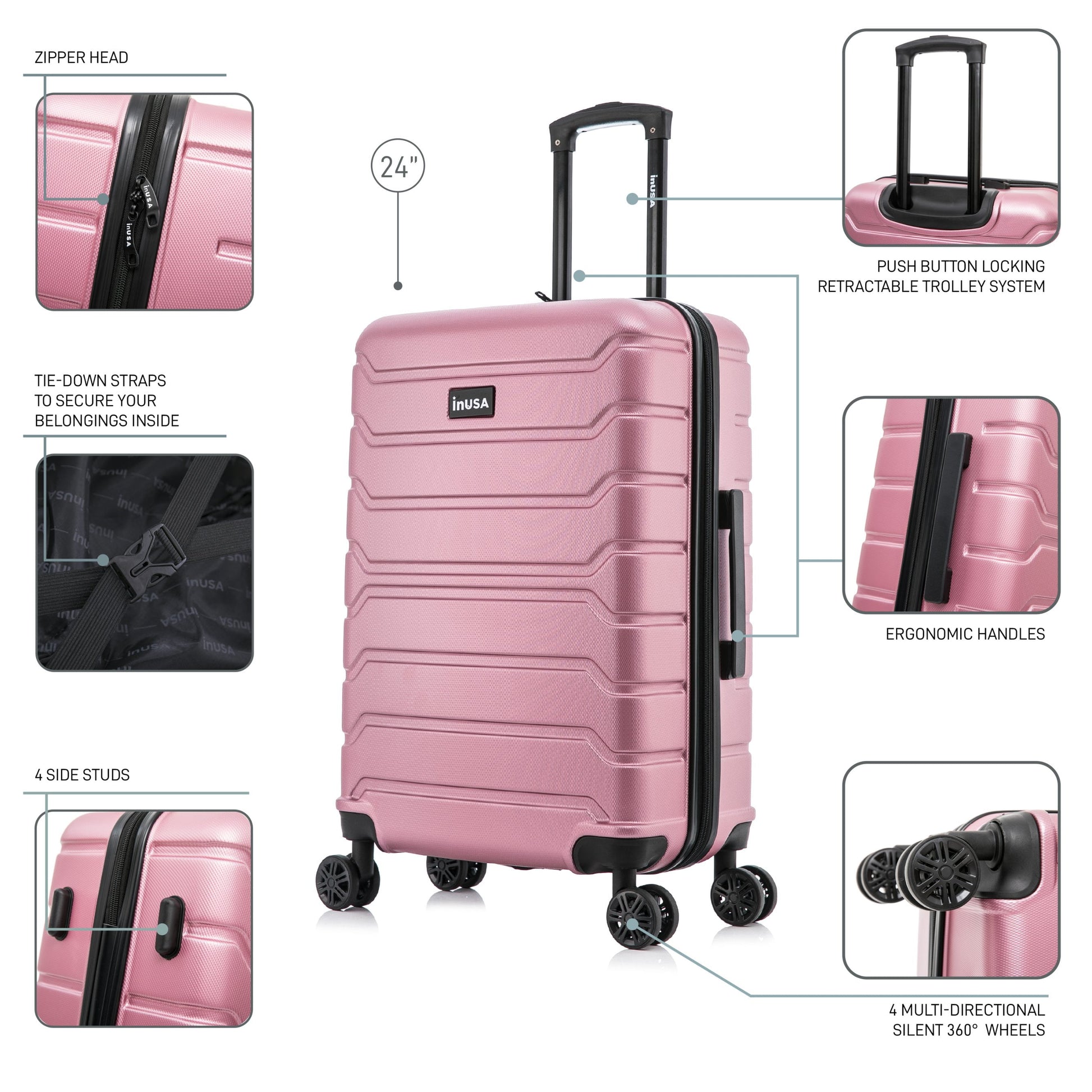 Trend 24" Hardside Lightweight Luggage with Spinner Wheels, Handle, and Trolley, Rose Gold
