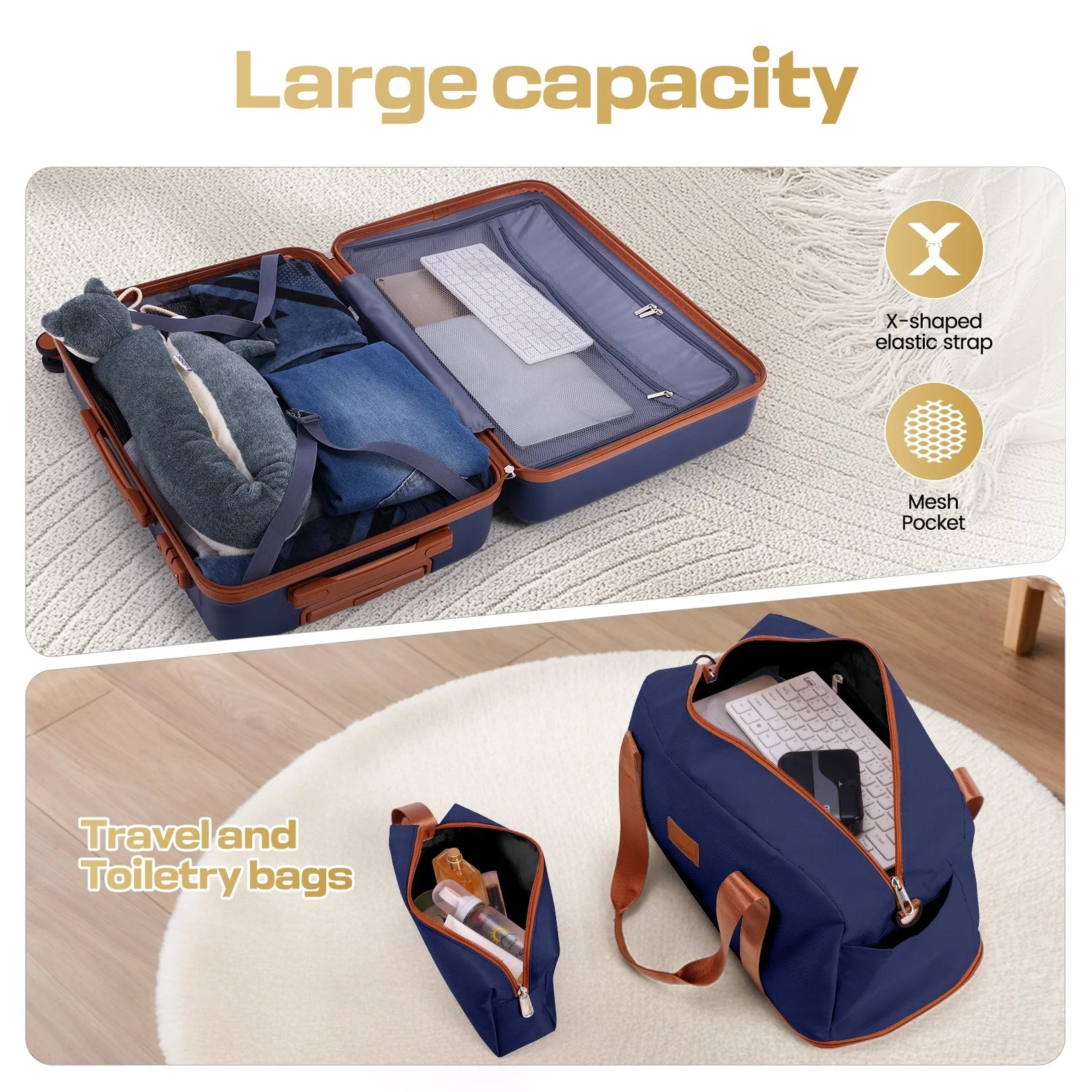 3 Piece Carry on Luggage Set, TSA Lock, Expandable Duffle Bag, Blue