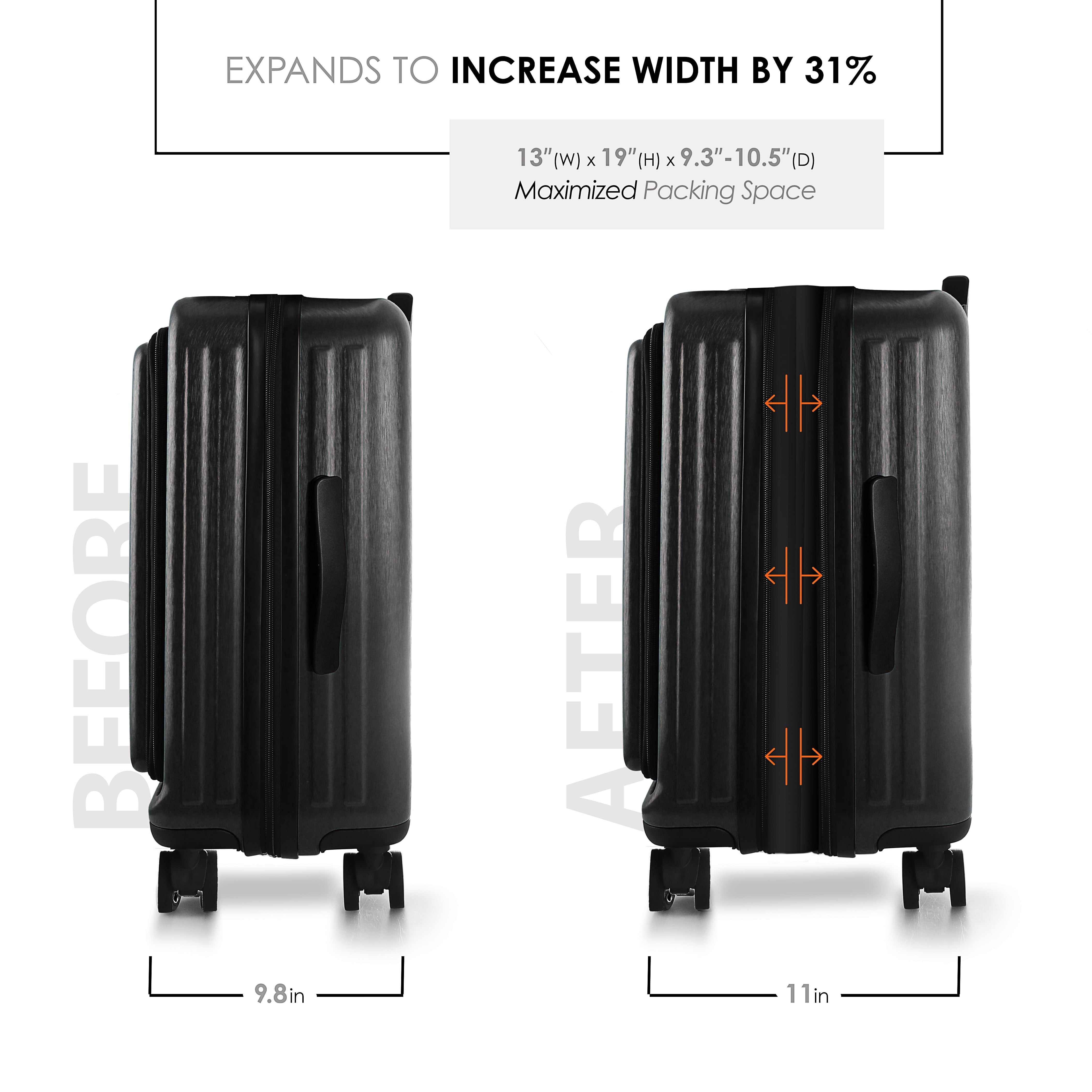 22" Hardside Carry on Luggage 22X14X9 Airline Approved and Expandable Luggage, Front Pocket Luggage Set Spinner Suitcase Set, Black