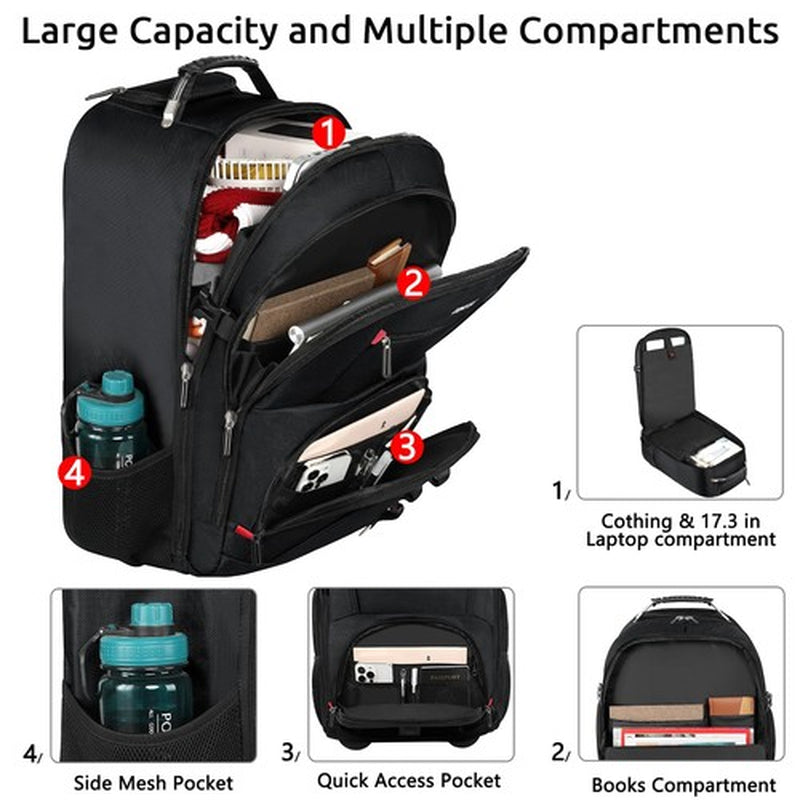 Rolling Backpack, Travel Backpack with Wheels, Carry on Backpack with 3 Packi...