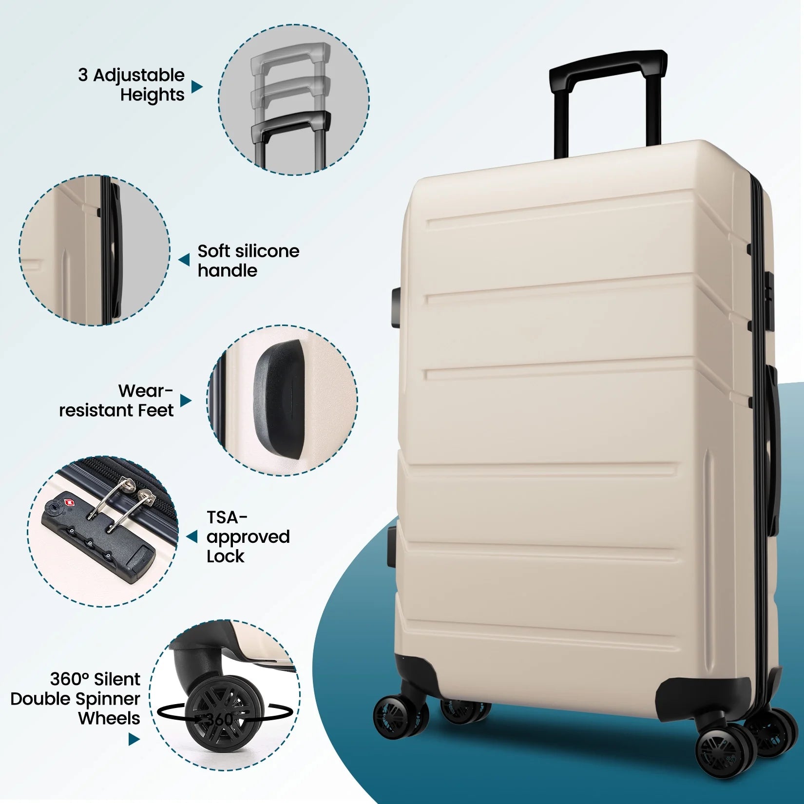 3 Piece Luggage Set Expandable ABS+PC Hardshell Carry on Suitcase with Spinner Wheels & TSA Lock for Men and Women, Rolling Carry-On Suit Case for Plane, Travel, Business, Beige(20In/Db/Tb)