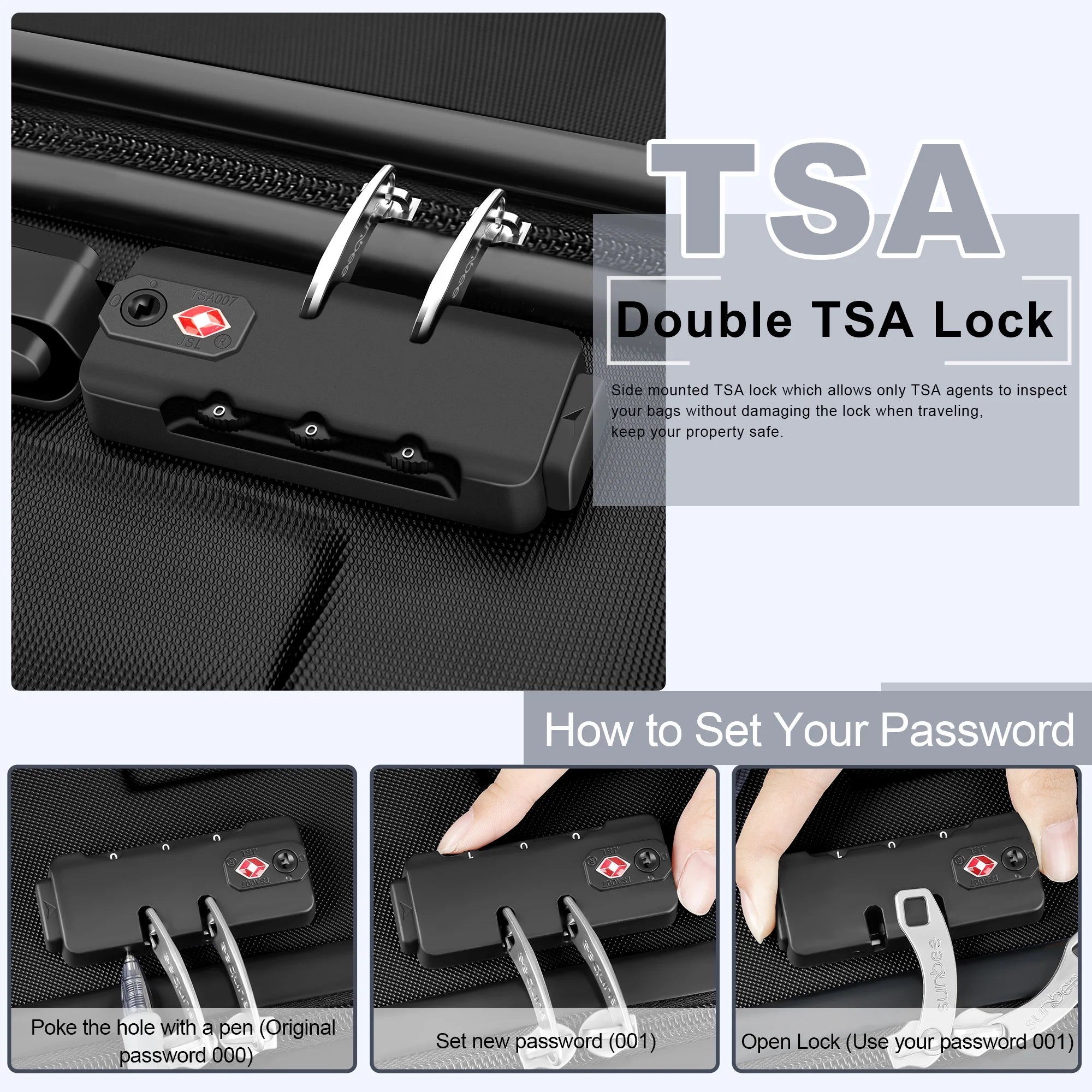 3 Piece Luggage Sets Hardshell Lightweight Suitcase with TSA Lock Spinner Wheels, Black