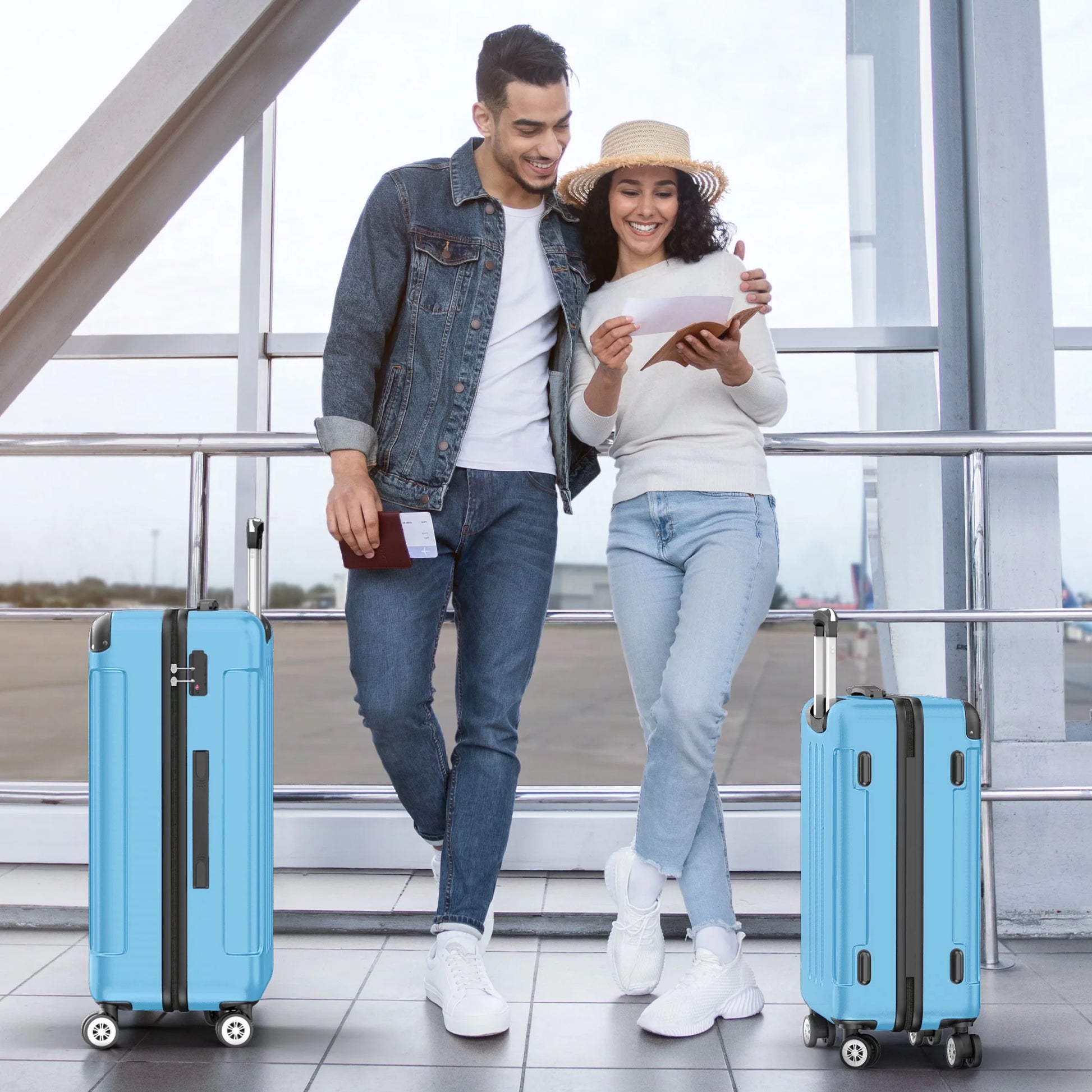 3 Piece Luggage Sets Hardshell Lightweight Suitcase with TSA Lock Spinner Wheels, Light Blue