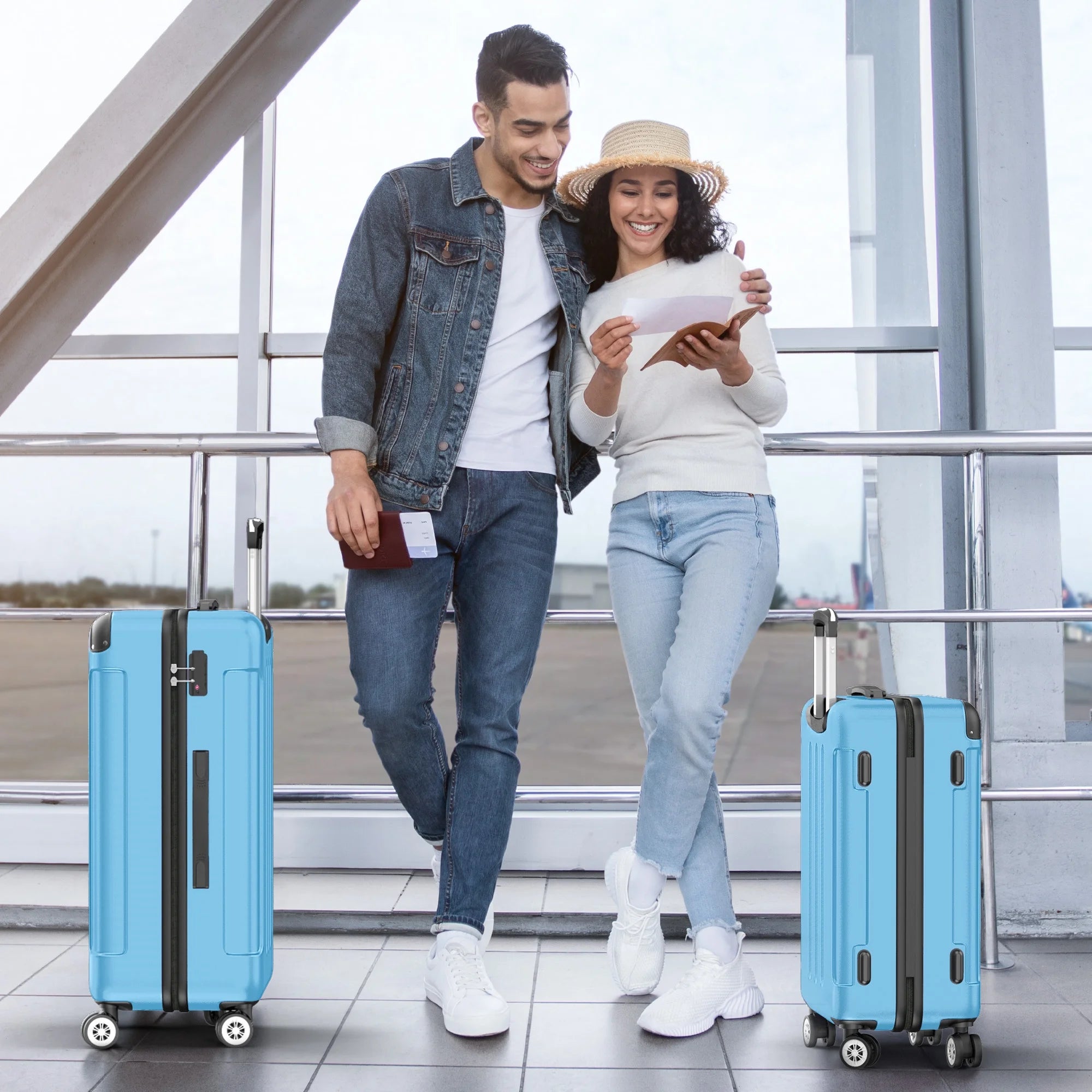 3 Piece Luggage Sets Hardshell Lightweight Suitcase with TSA Lock Spinner Wheels, Light Blue