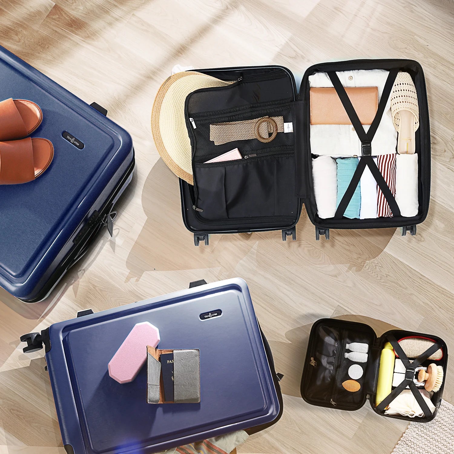 4 Piece Hardshell Exapandable Luggage Set, Spinner Luggage Suitcase Set, Navy Blue