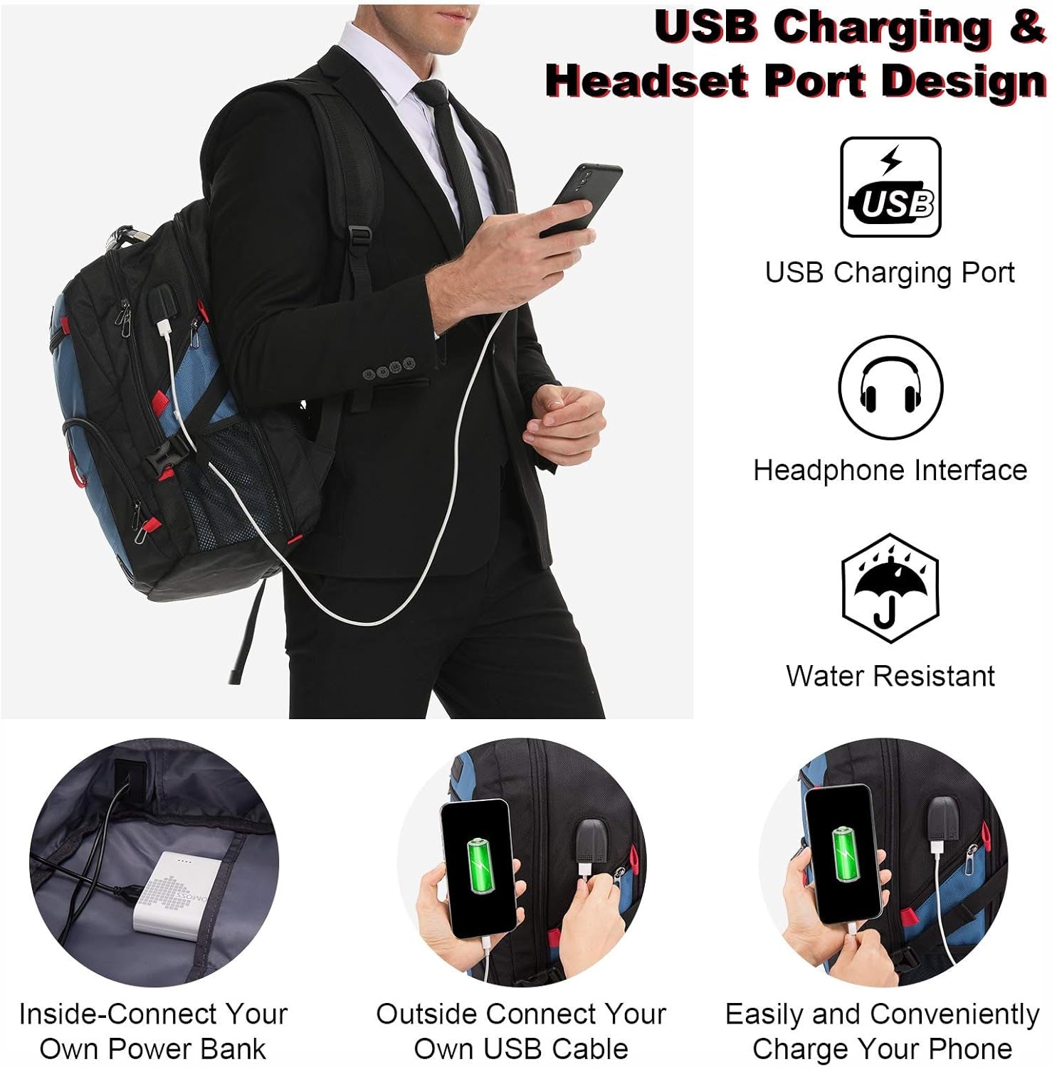 Travel Laptop Backpack Waterproof anti Theft Backpack with Lock and USB Charging Port Large 17-17.3 Inch Computer Business Backpack for Men Women Blue