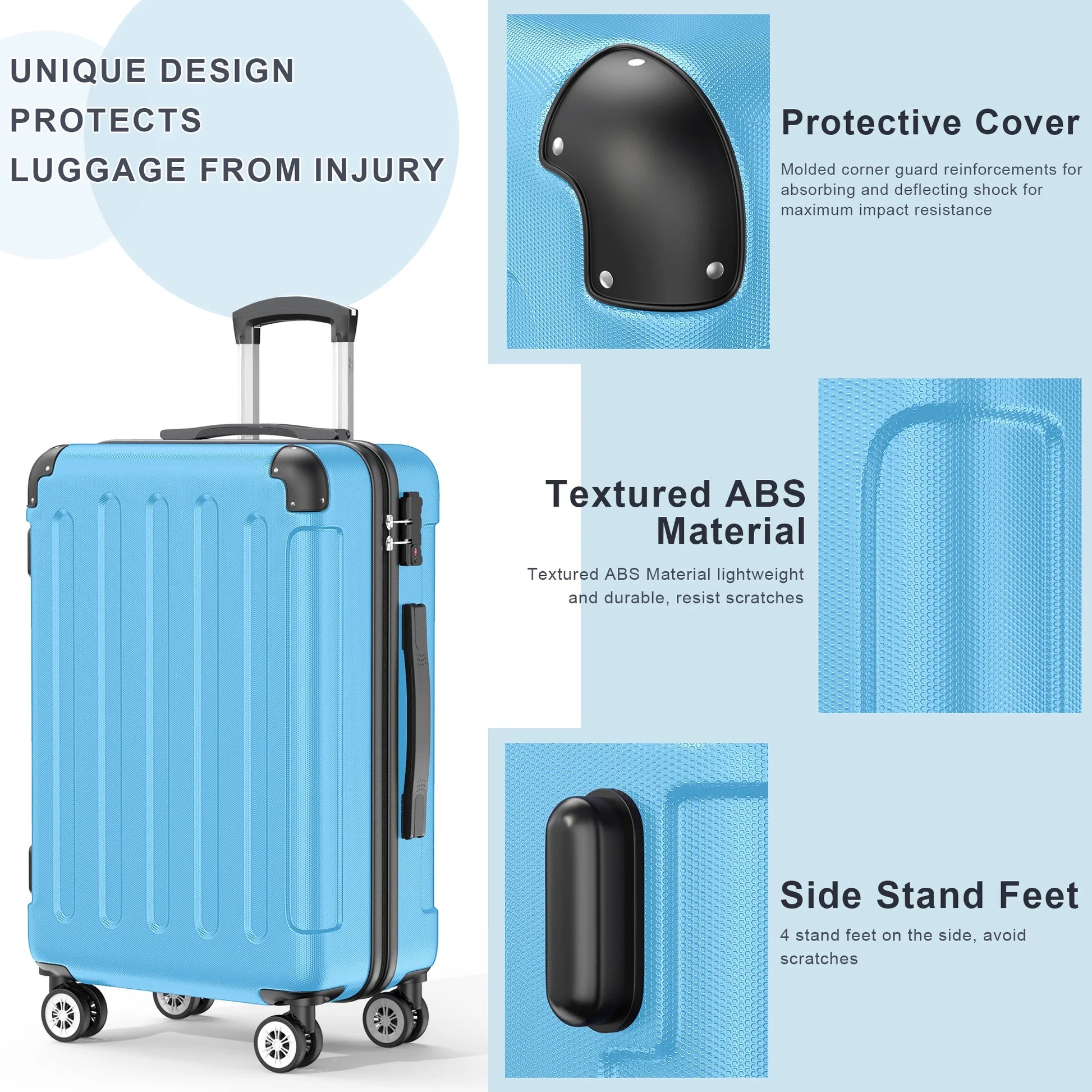 3 Piece Luggage Sets Hardshell Lightweight Suitcase with TSA Lock Spinner Wheels, Light Blue