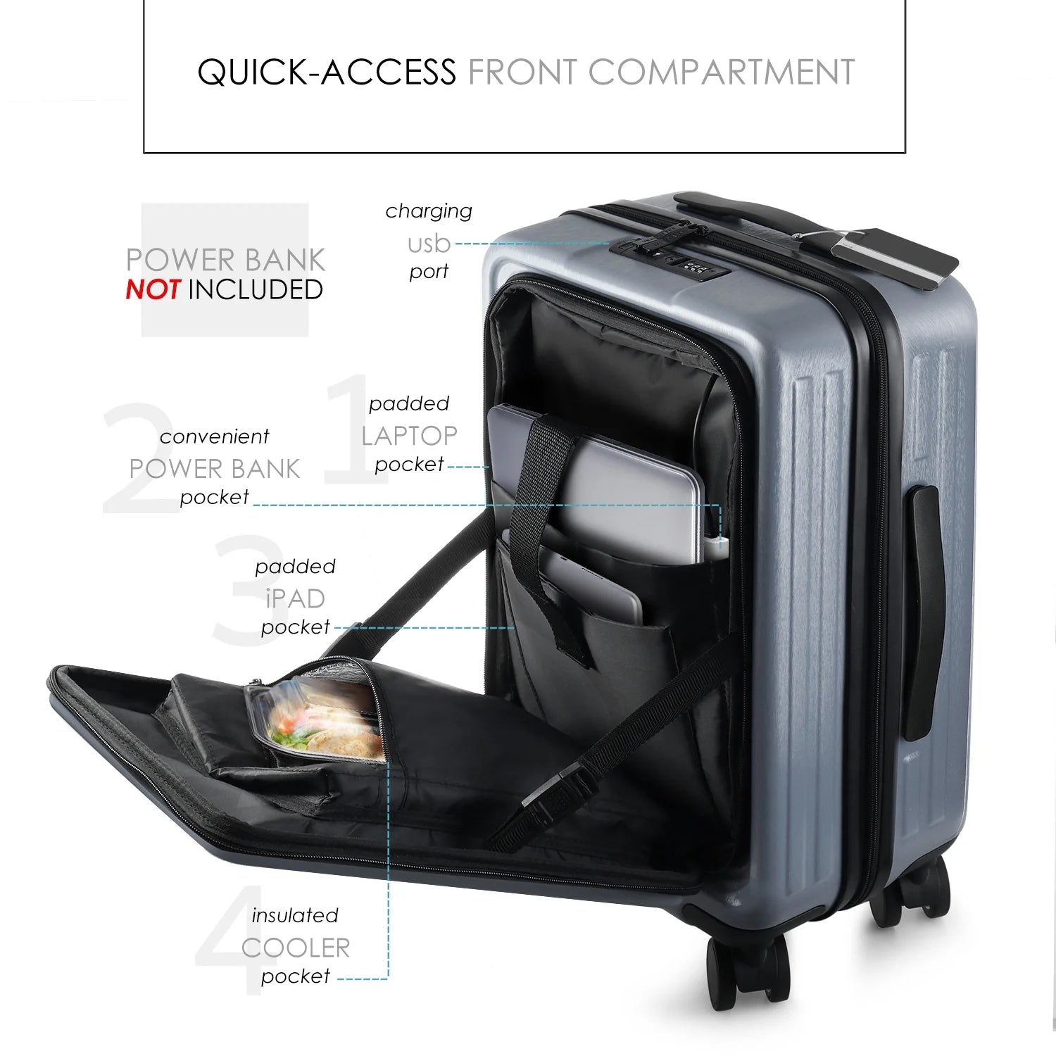 20 Inch Hardside Carry-On Expandable Luggage, Front Pocket Luggage Set Spinner Suitcase Set, Grey