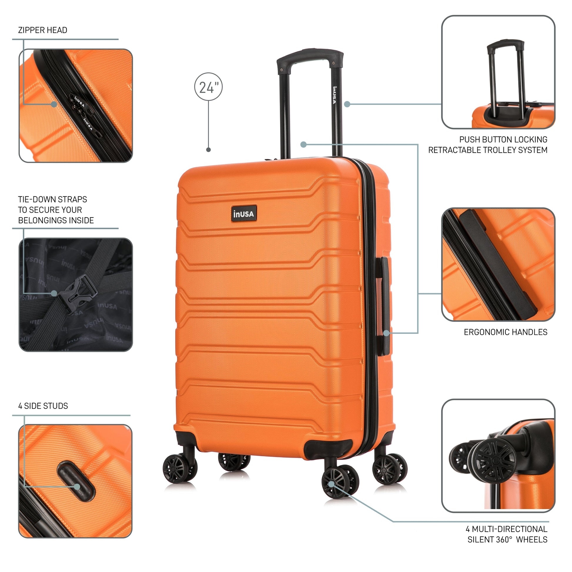 Trend 24" Hardside Lightweight Luggage with Spinner Wheels, Handle, and Trolley, Orange