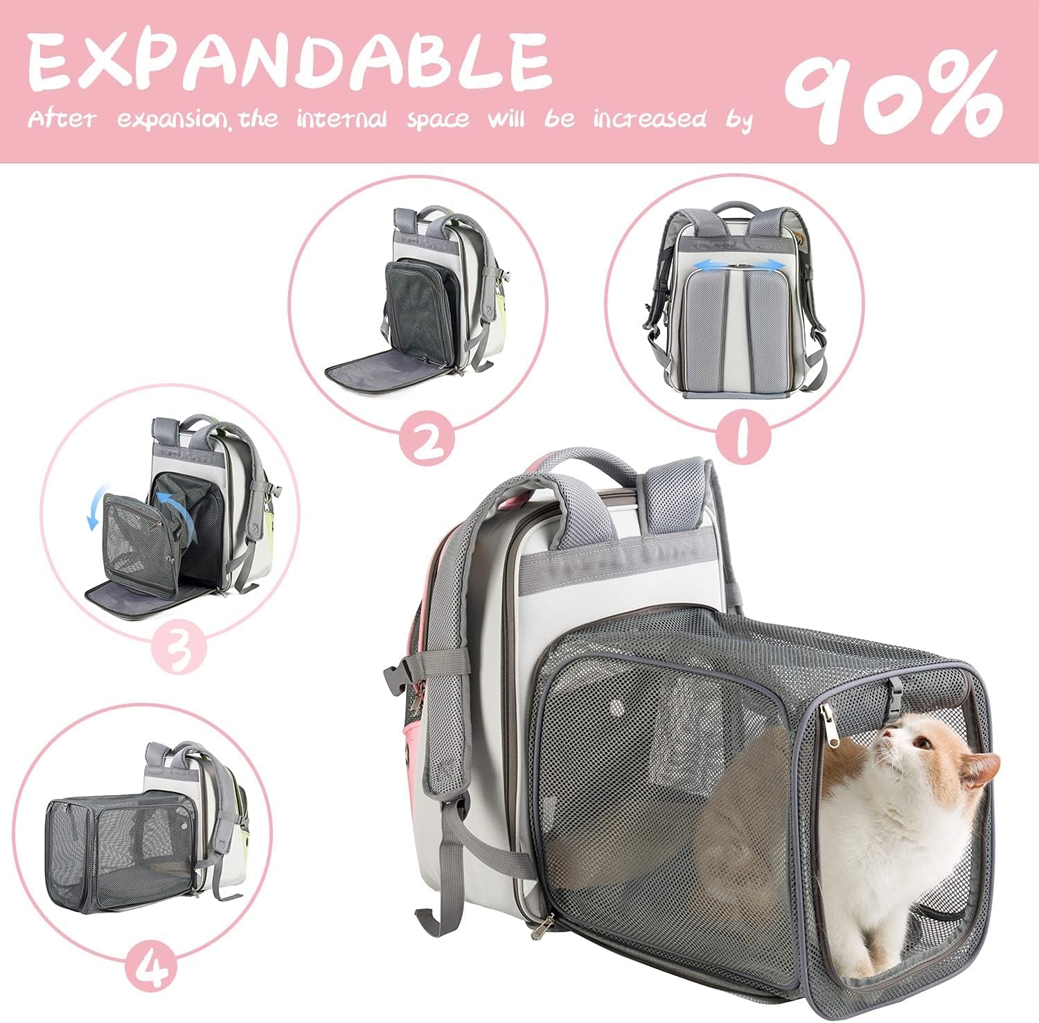 Pet Backpack Expandable - Cat Backpack Expandable - Pet Expandable Backpack Carrier for Small Dogs Backpack Carrier,Mesh Expandable Cat Backpack Carrier up to 16Lbs, Escape-Proof Zipper, Pink