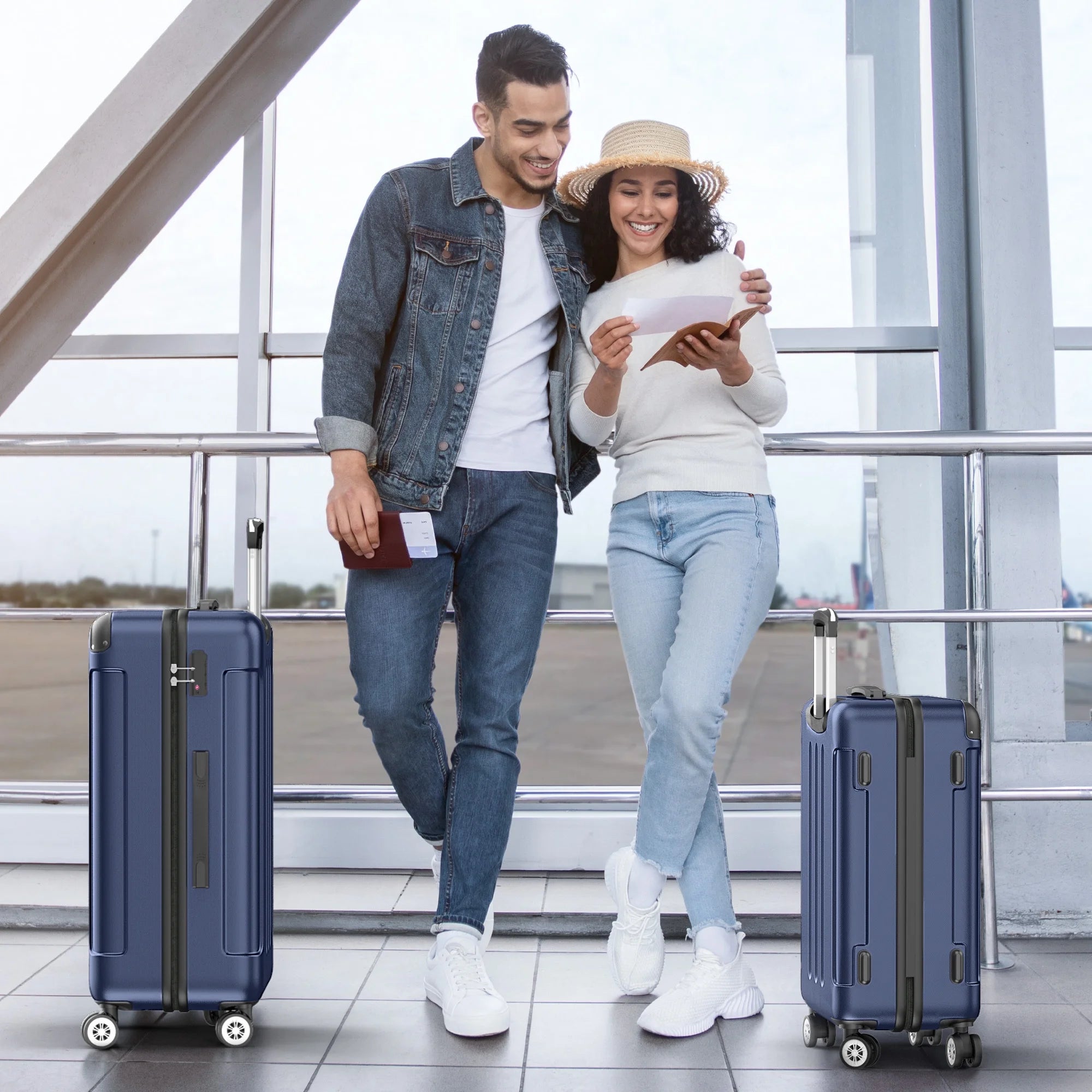 3 Piece Luggage Sets Hardshell Lightweight Suitcase with TSA Lock Spinner Wheels, Deep Blue