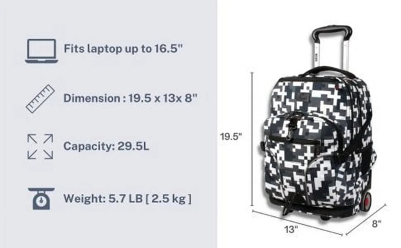 Boys Lunar 19.5" Multi Compartment Laptop Rolling Backpack for School and Travel, Camo