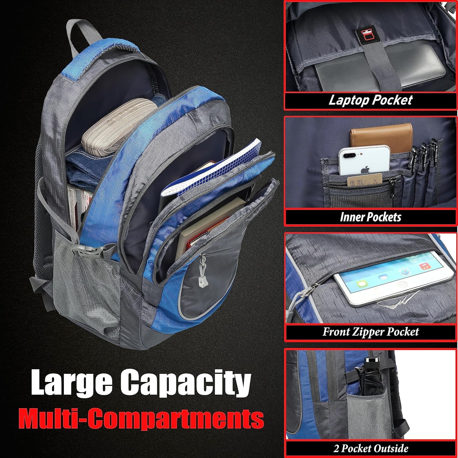 Backpack Bookbag for College Sturdy Travel Business Hiking Fit Laptop up to 15.6 Inch Multi Compartment Gifts for Men Women Night Light Reflective (Blue)