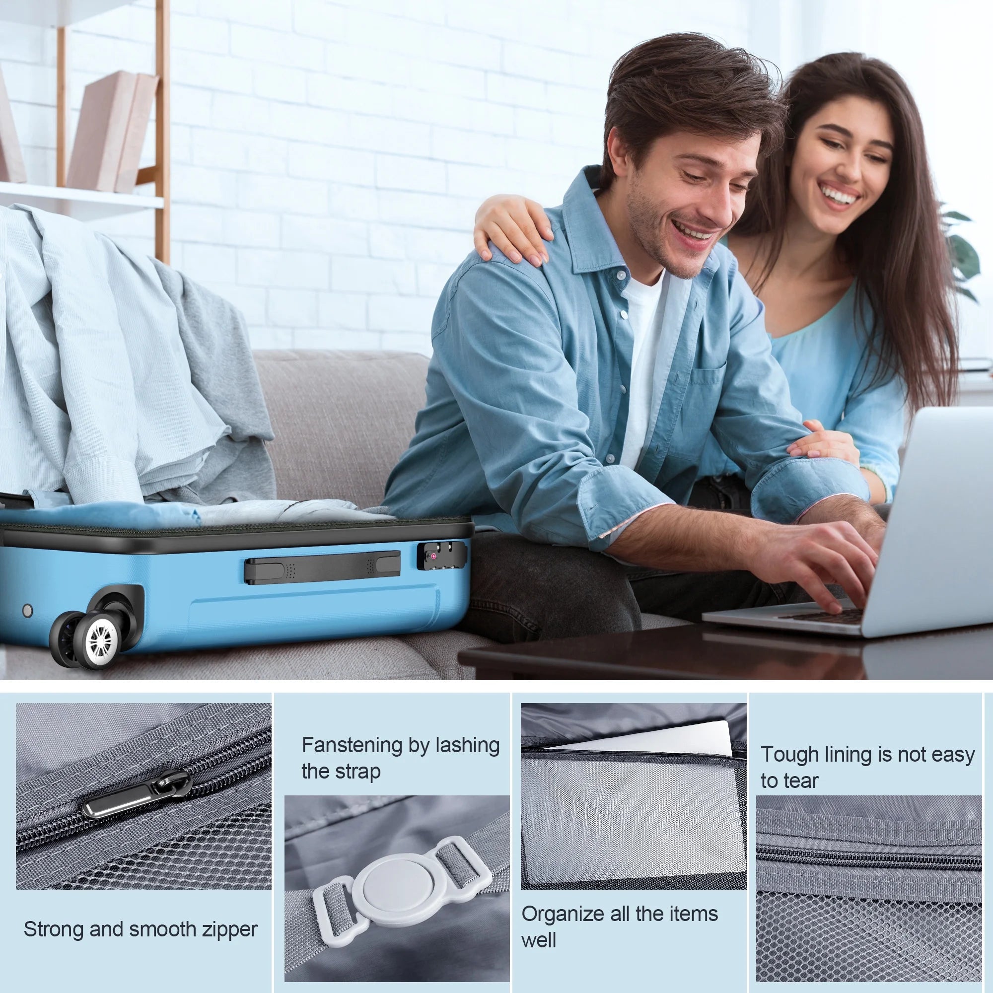 3 Piece Luggage Sets Hardshell Lightweight Suitcase with TSA Lock Spinner Wheels, Light Blue