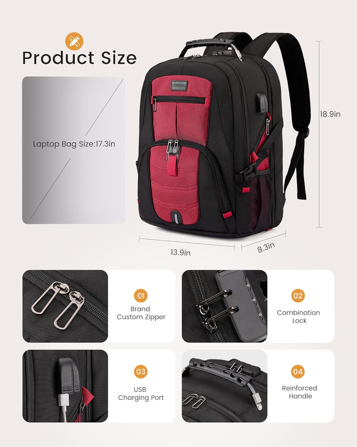 Travel Laptop Backpack Waterproof anti Theft Backpack with Lock and USB Charging Port Large 17-17.3 Inch Computer Business Backpack for Women Men Red