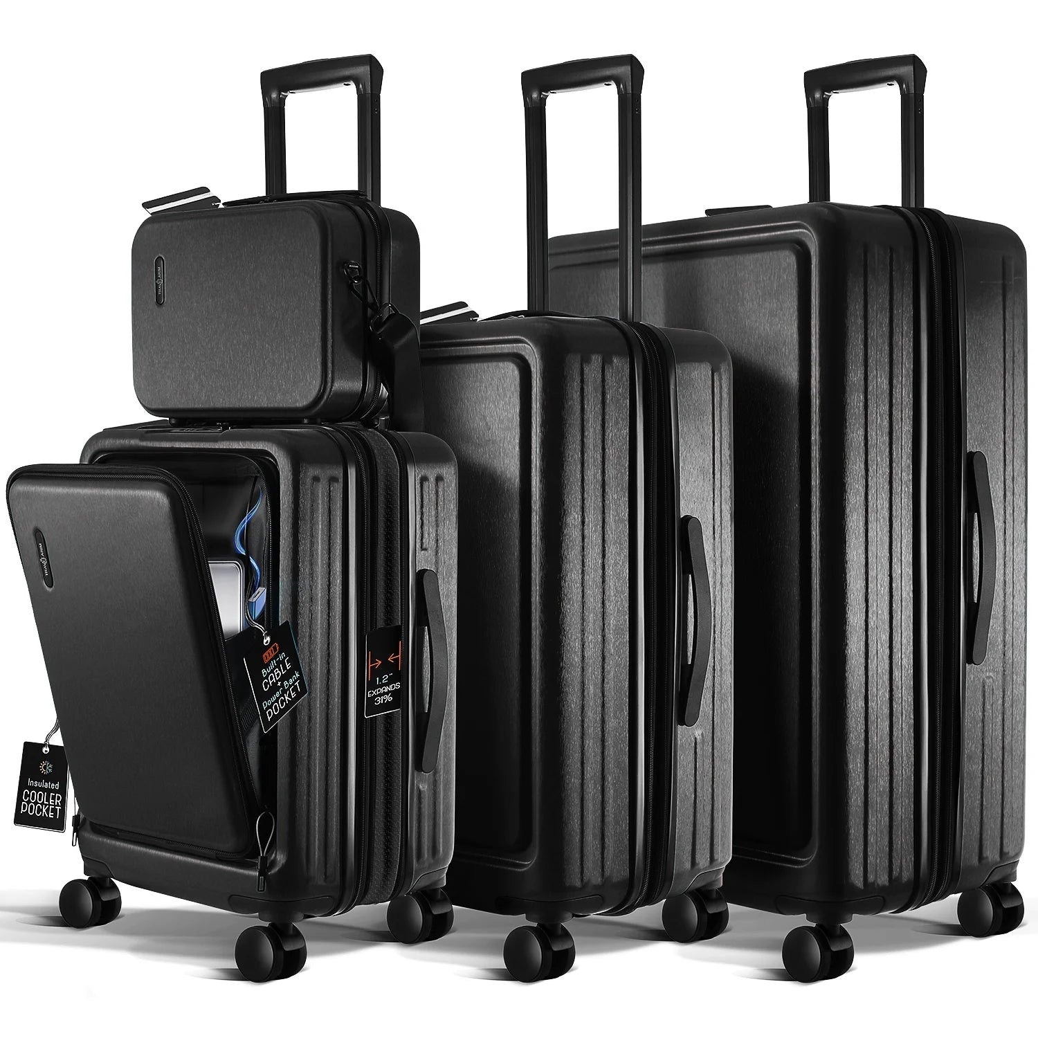 4 Piece Hardshell Exapandable Luggage Set, Spinner Luggage Suitcase Set, Black