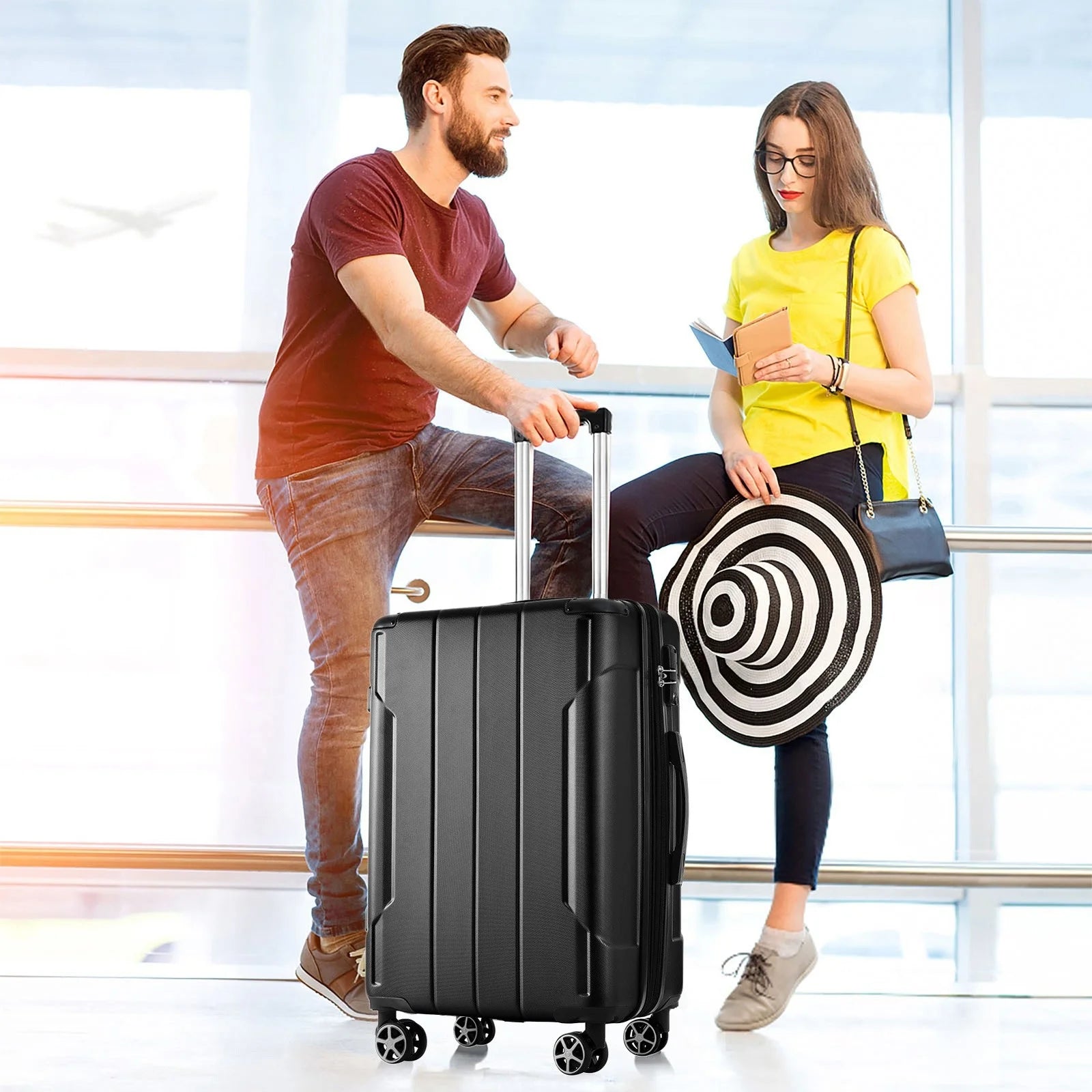 24 Inch Carry on Luggage,65L Capacity Suitcase with Wheels & TSA Lock ABS+PC Lightweight Checked Luggage for Travel Trip, Black