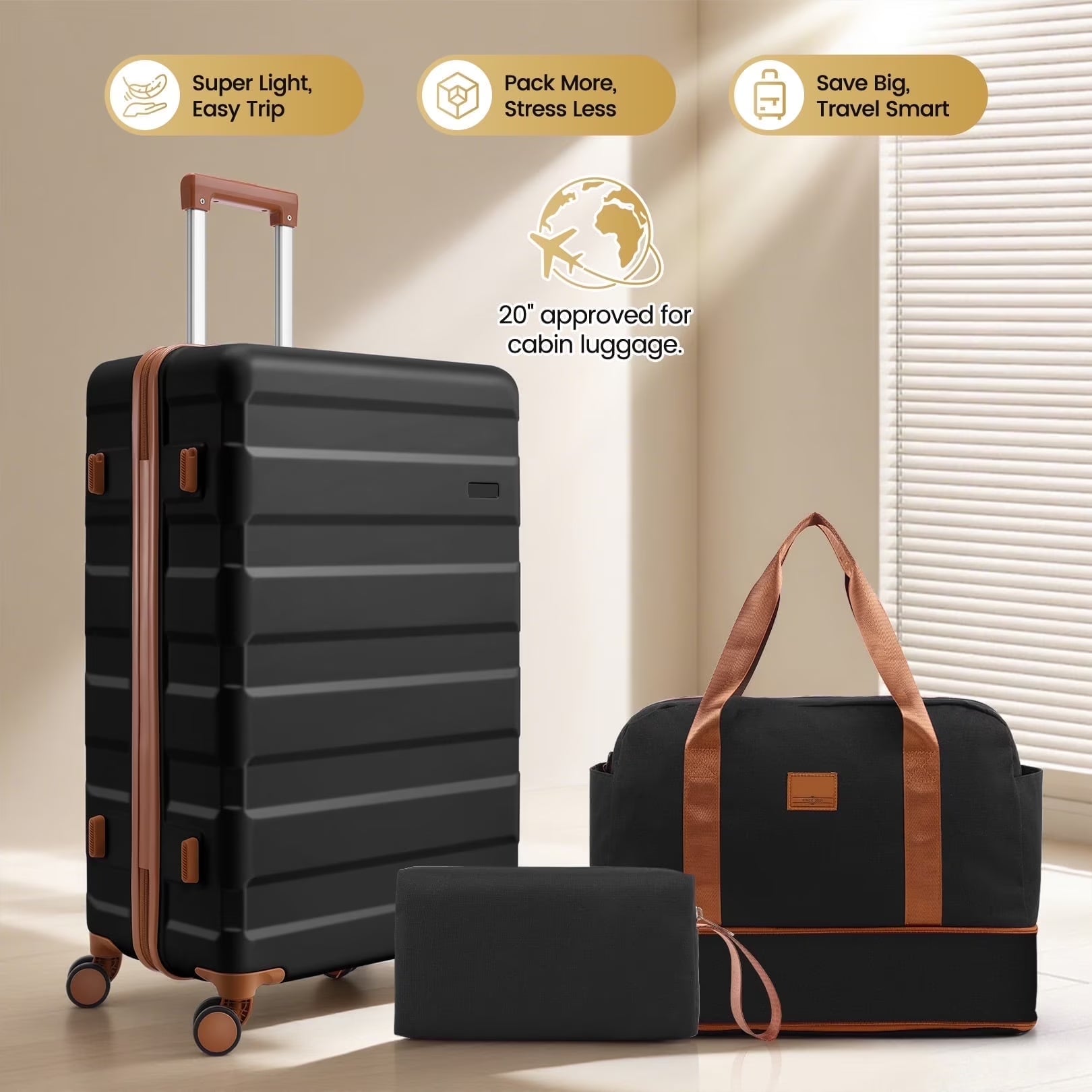 3 Piece Carry on Luggage Set, TSA Lock, Expandable Duffle Bag, Black