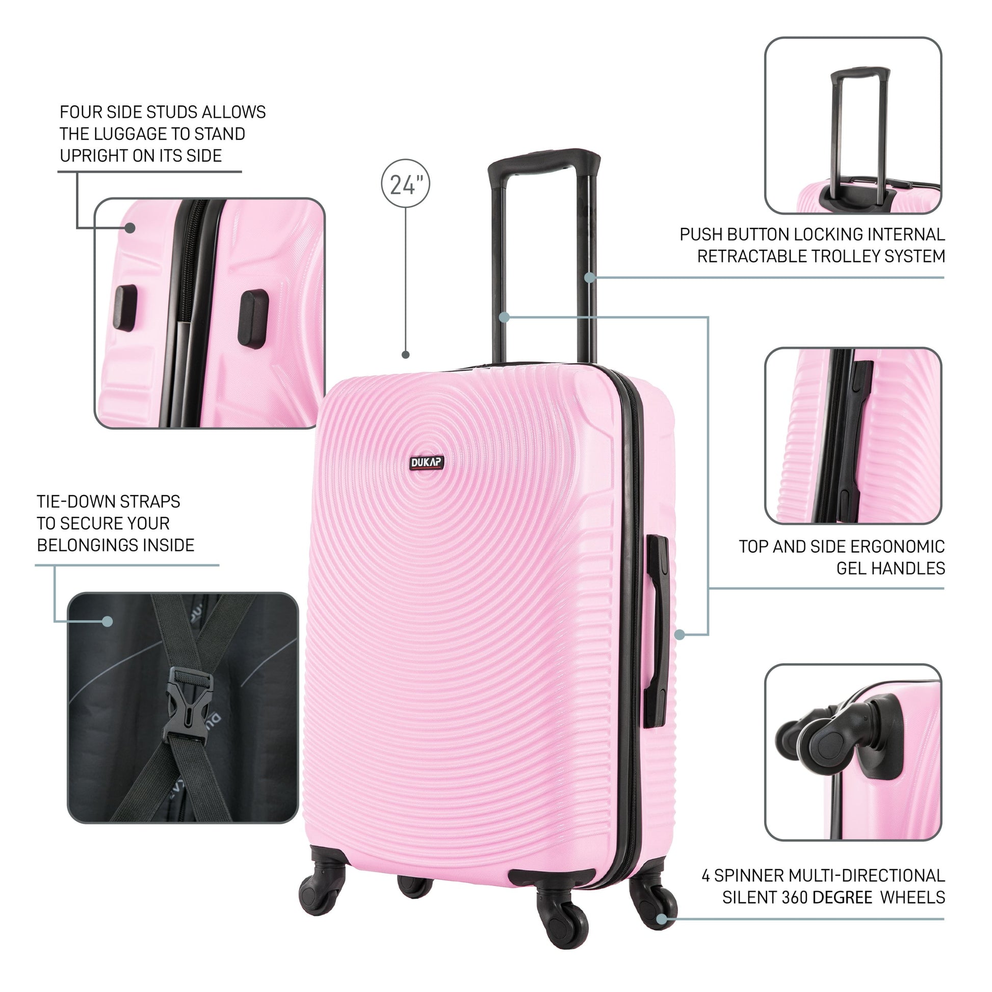Inception 24" Hardside Lightweight Luggage with Spinner Wheels, Handle and Trolley, Pink