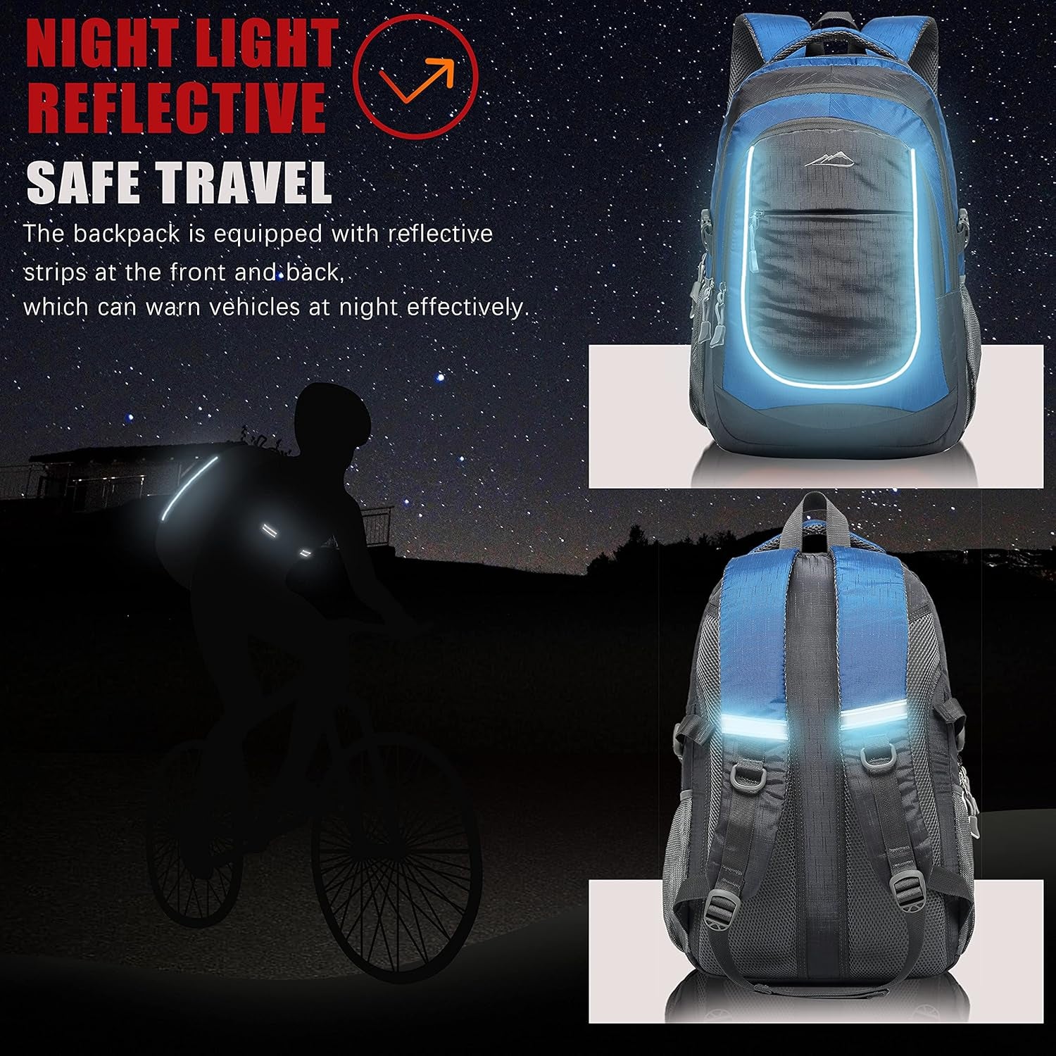 Backpack Bookbag for College Sturdy Travel Business Hiking Fit Laptop up to 15.6 Inch Multi Compartment Gifts for Men Women Night Light Reflective (Blue)