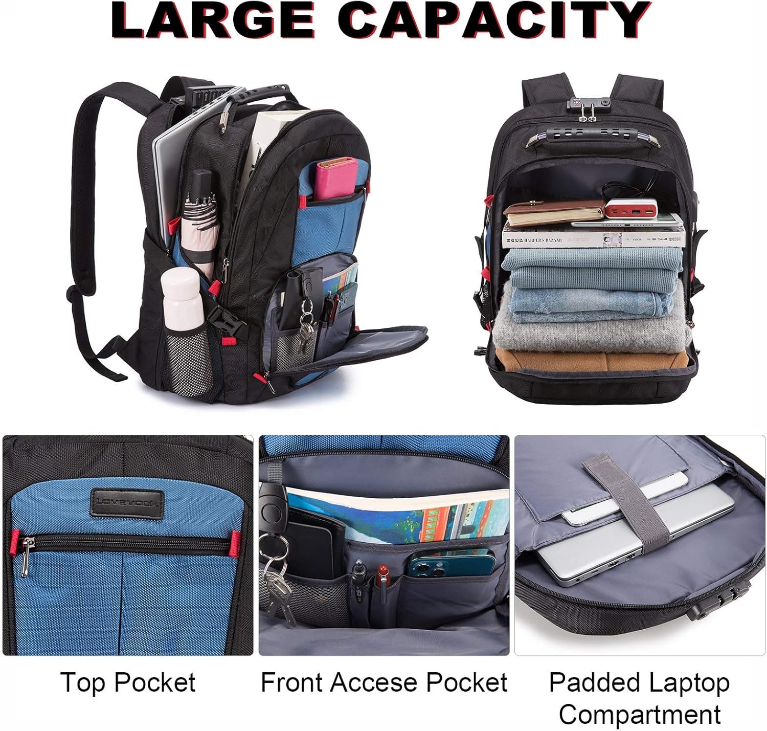 Travel Laptop Backpack Waterproof anti Theft Backpack with Lock and USB Charging Port Large 17-17.3 Inch Computer Business Backpack for Men Women Blue