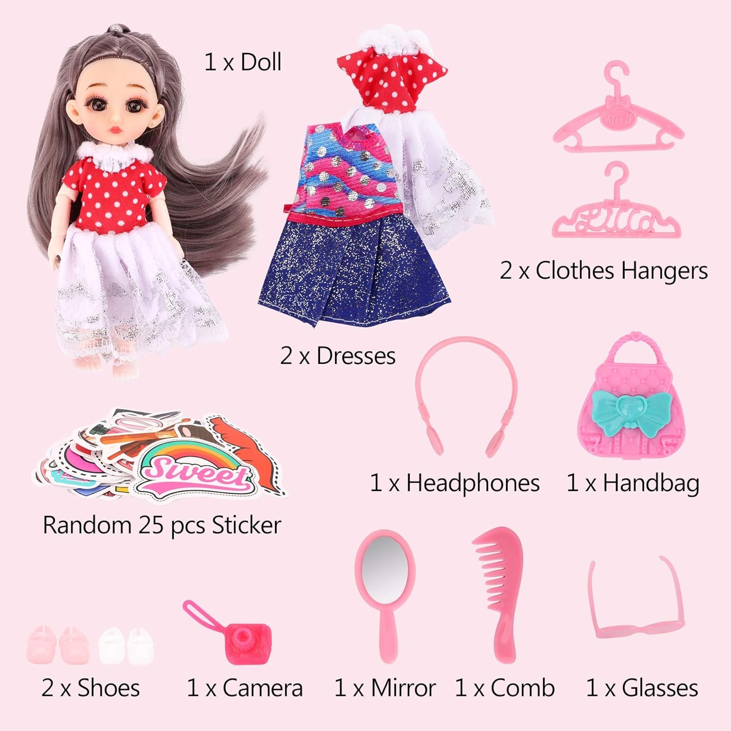 Doll Travel Suitcase, Doll Accessories Set Including Yellow Luggage for 6.3 Inch Doll with Dresses Clothes Shoes Hangers Handbag Camera Etc., Doll Travel Playset for 6.3 Inch Gril Gift Doll