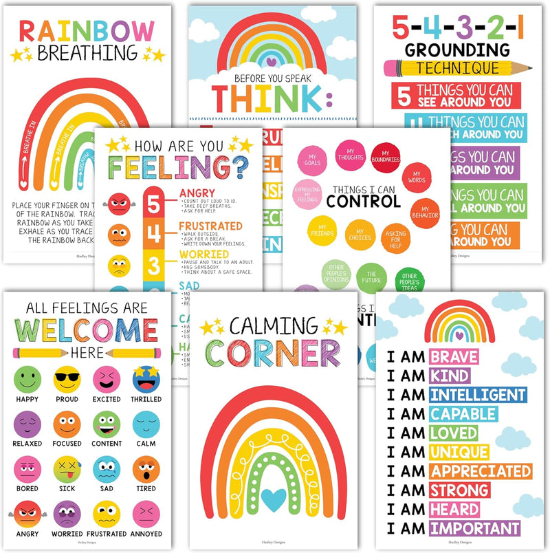 8 Calming Corner Posters for Classroom Must Haves for Teachers - 11X17" Calm down Corner Supplies, Feelings Chart for Kids Ages 4-8, Toddler Emotions Chart, Rainbow Classroom Decor