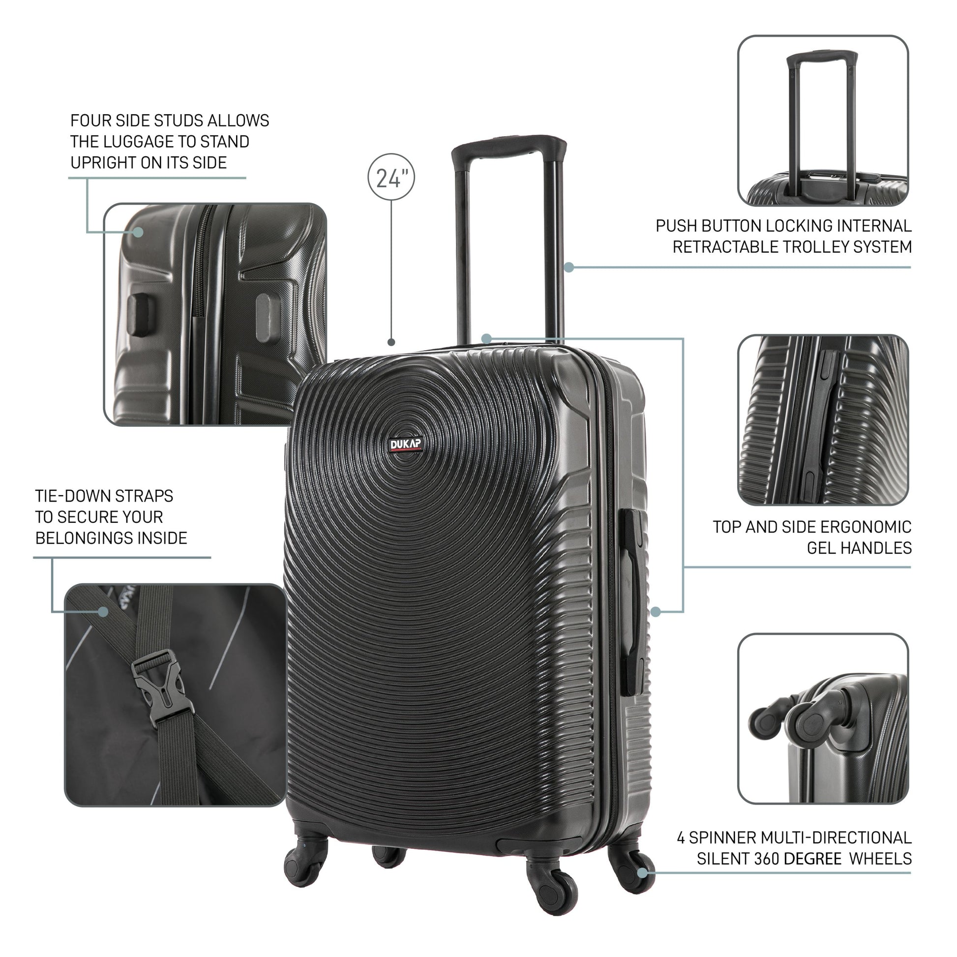 Inception 24" Hardside Lightweight Luggage with Spinner Wheels, Handle and Trolley, Black