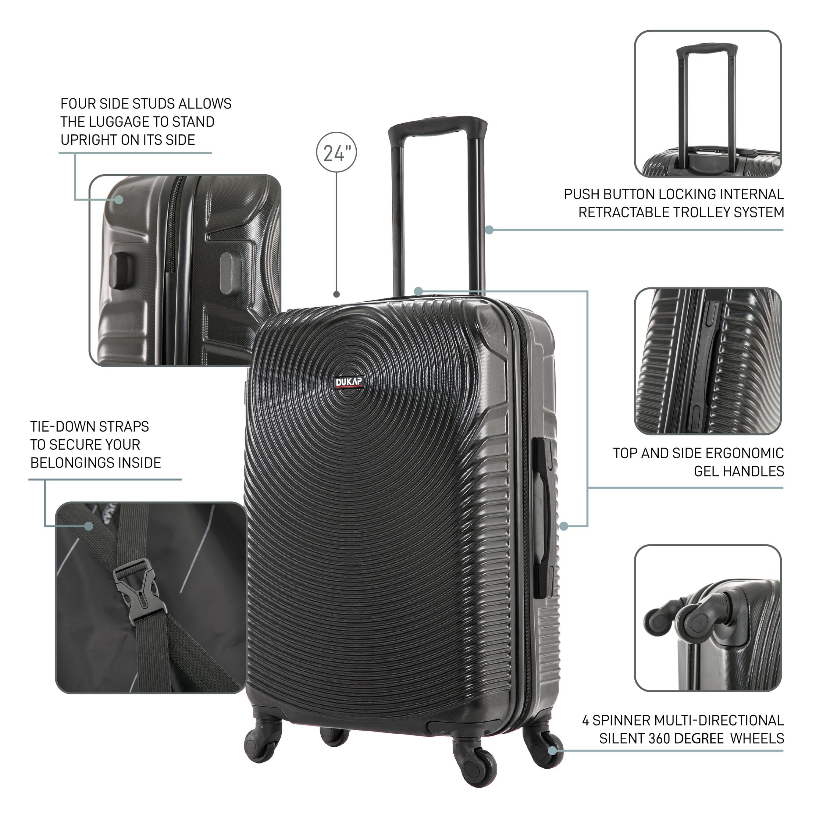 Inception 24" Hardside Lightweight Luggage with Spinner Wheels, Handle and Trolley, Black